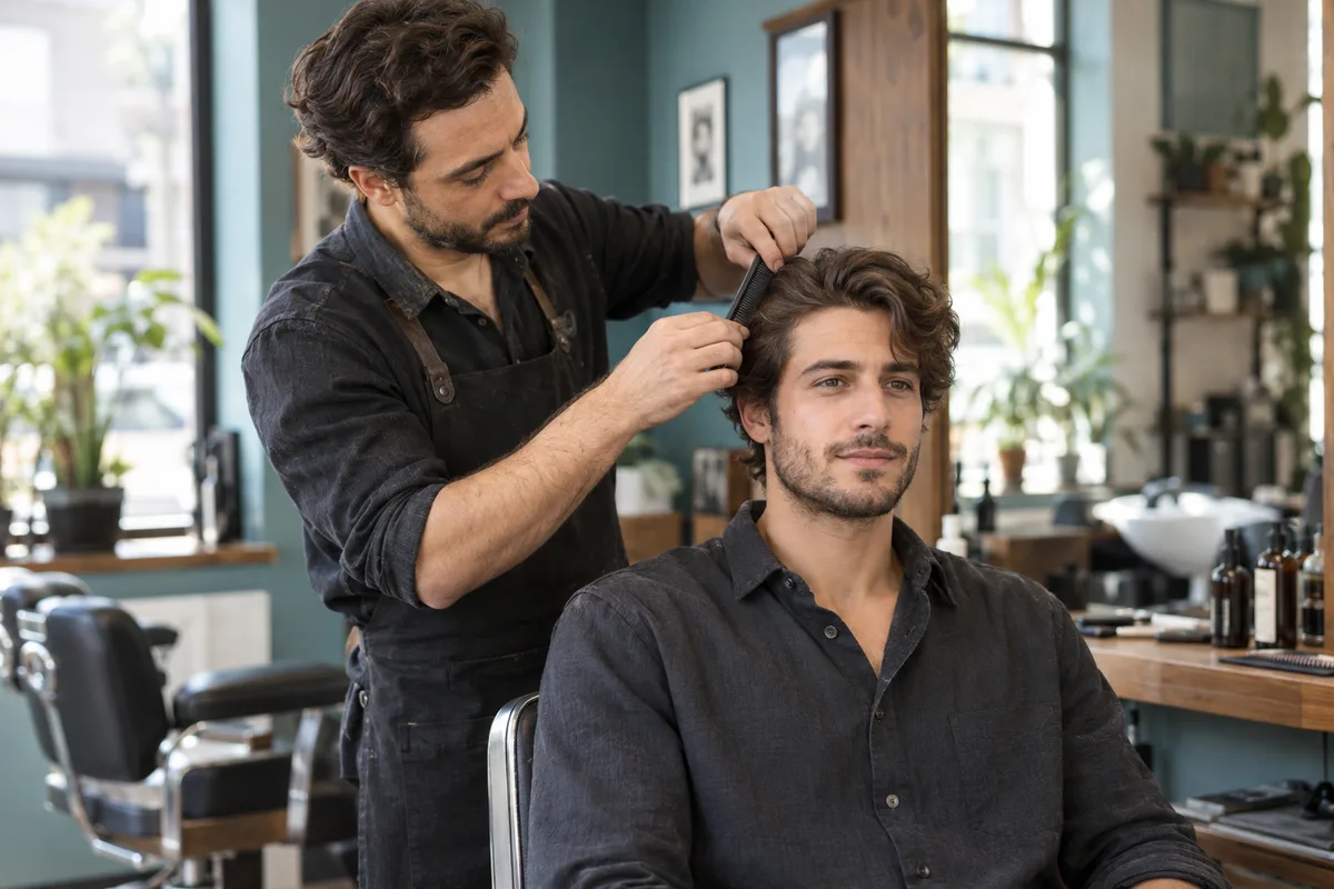Adult barber gently arranges an adult man's side hair with a comb in a pale teal and walnut salon without cutting