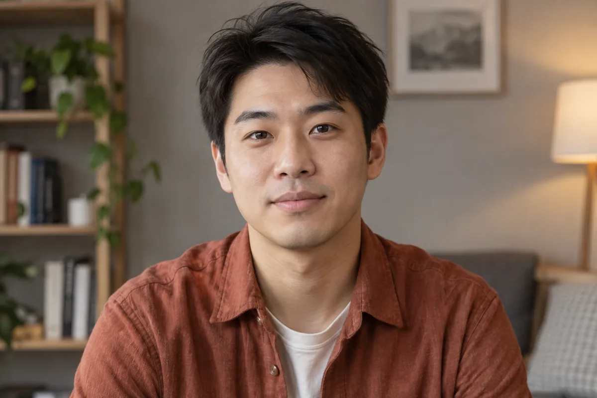 Adult man in a rust shirt faces the camera with a relaxed expression and his whole face outline visible against warm grey
