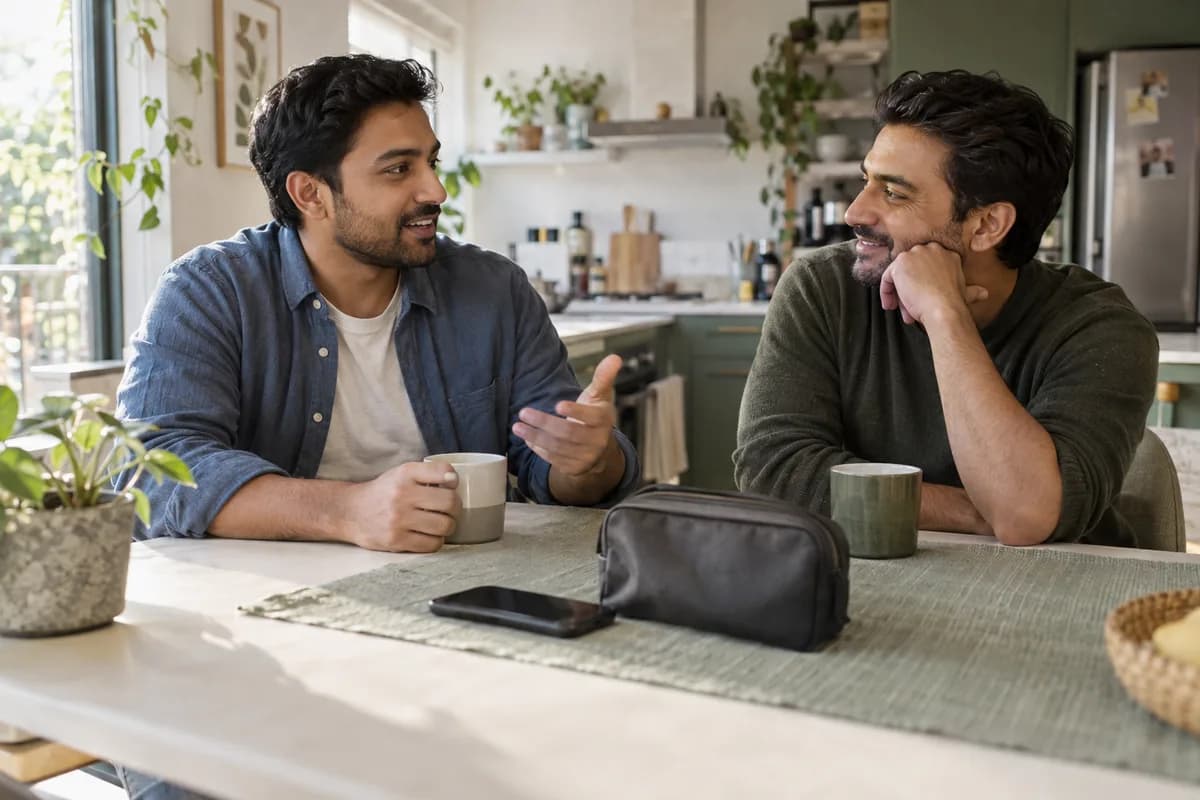 Two adult friends talk at an ivory and moss-green kitchen table beside a closed grooming pouch and dark-screen phone