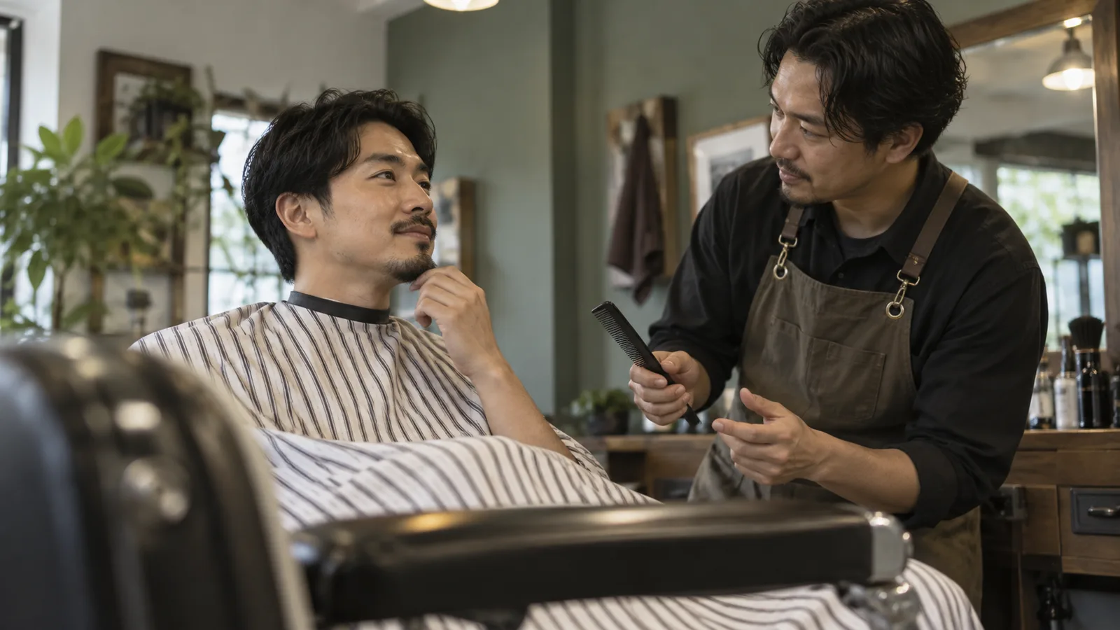 Adult man with a modest mustache and chin beard consults a barber holding a comb