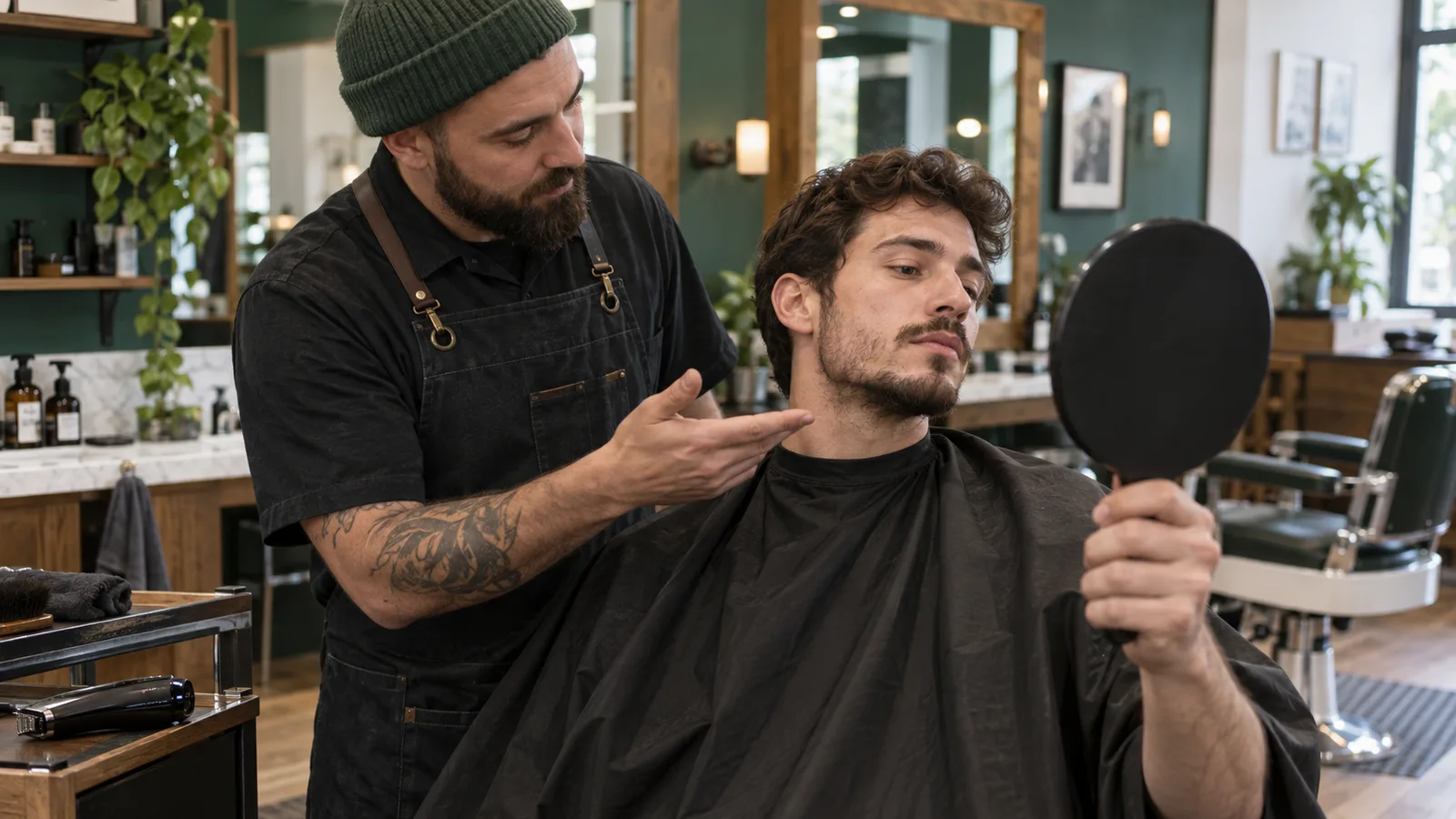 Adult customer and barber examine naturally uneven cheek and chin growth in a hand mirror before trimming
