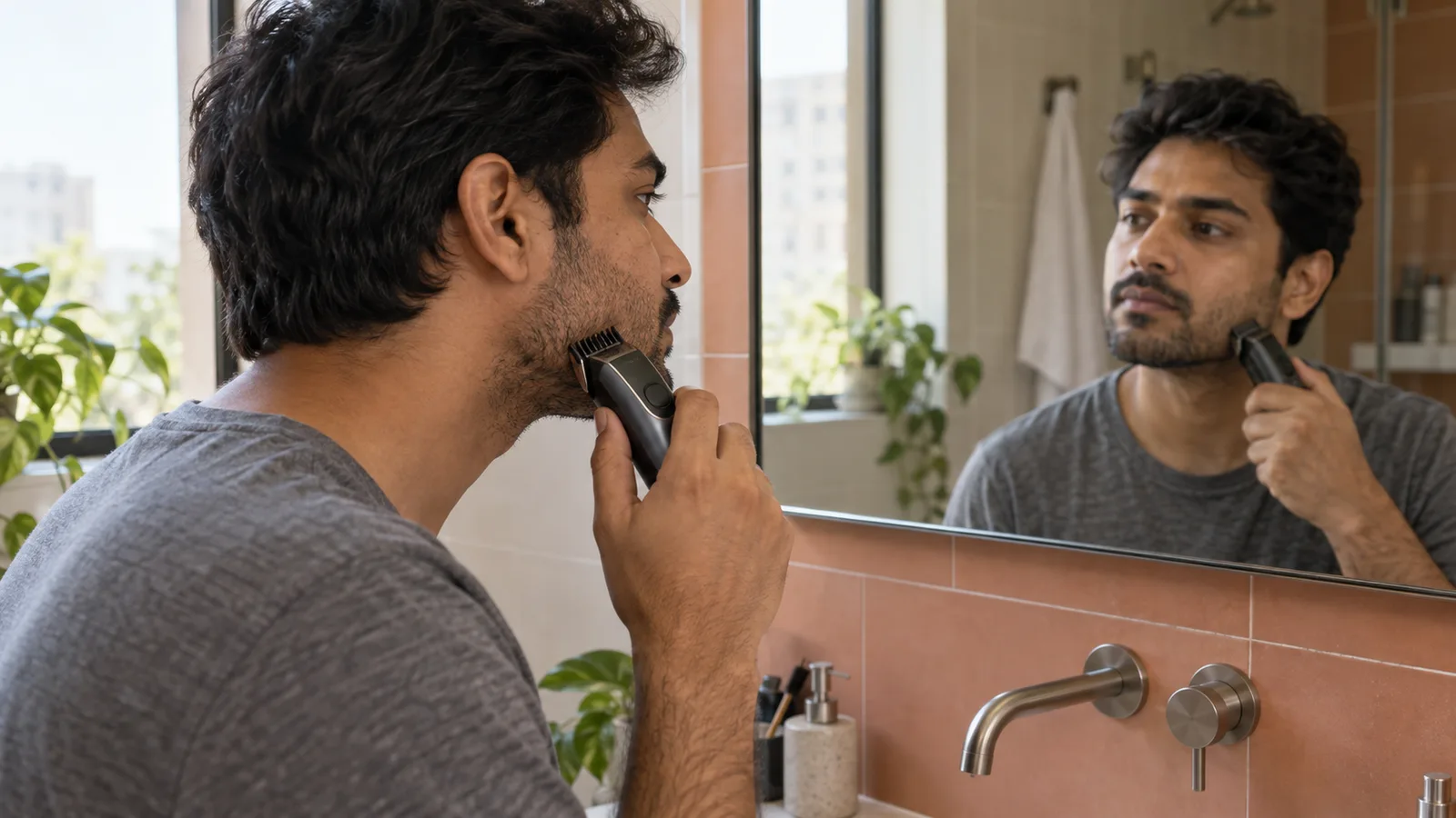 Adult man uses a guarded trimmer on naturally uneven short stubble beside a bathroom mirror