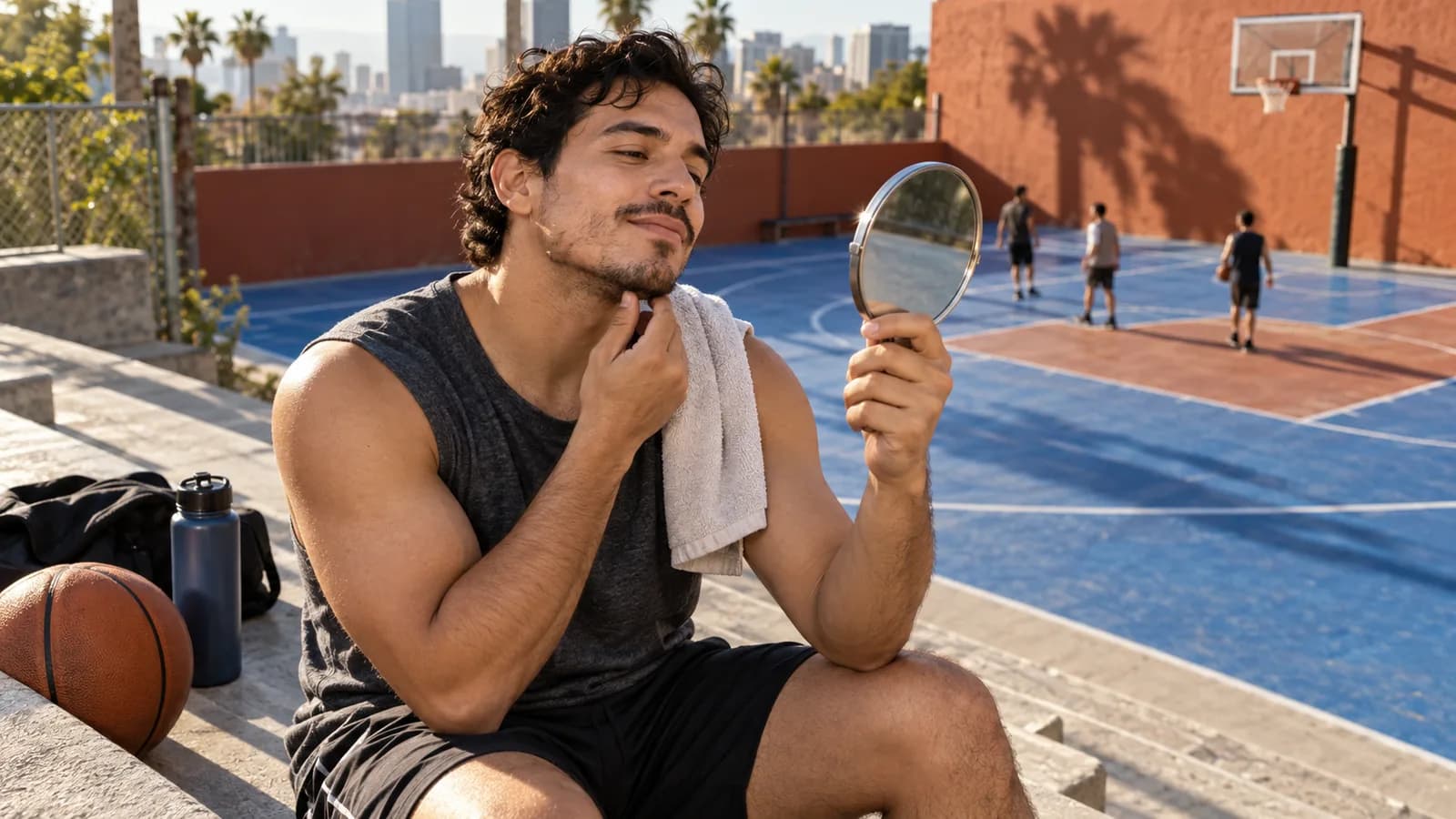 Adult man with naturally uneven facial hair examines his profile in a hand mirror after basketball