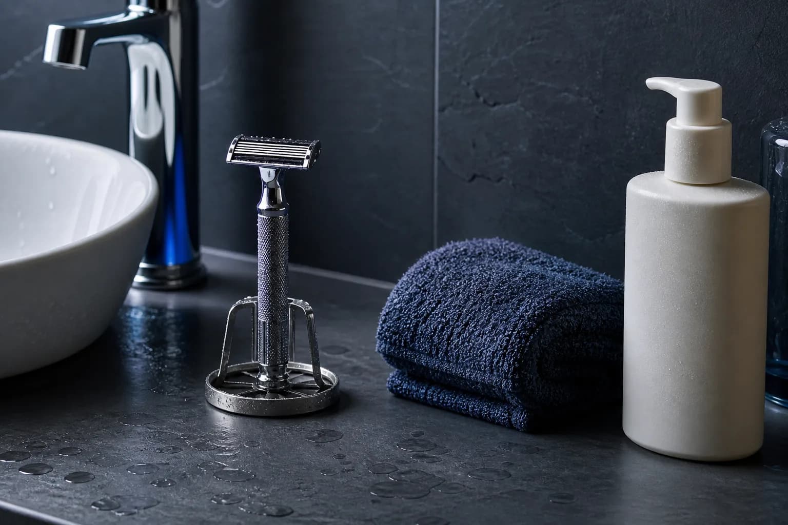 Clean razor drying upright beside a cool navy cloth and plain moisturizer on a slate bathroom counter
