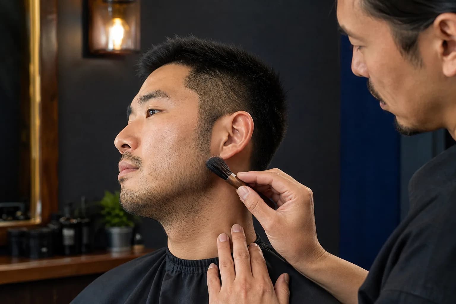Adult barber using a small brush to follow stubble growth along an adult man's cheek, jaw and neck