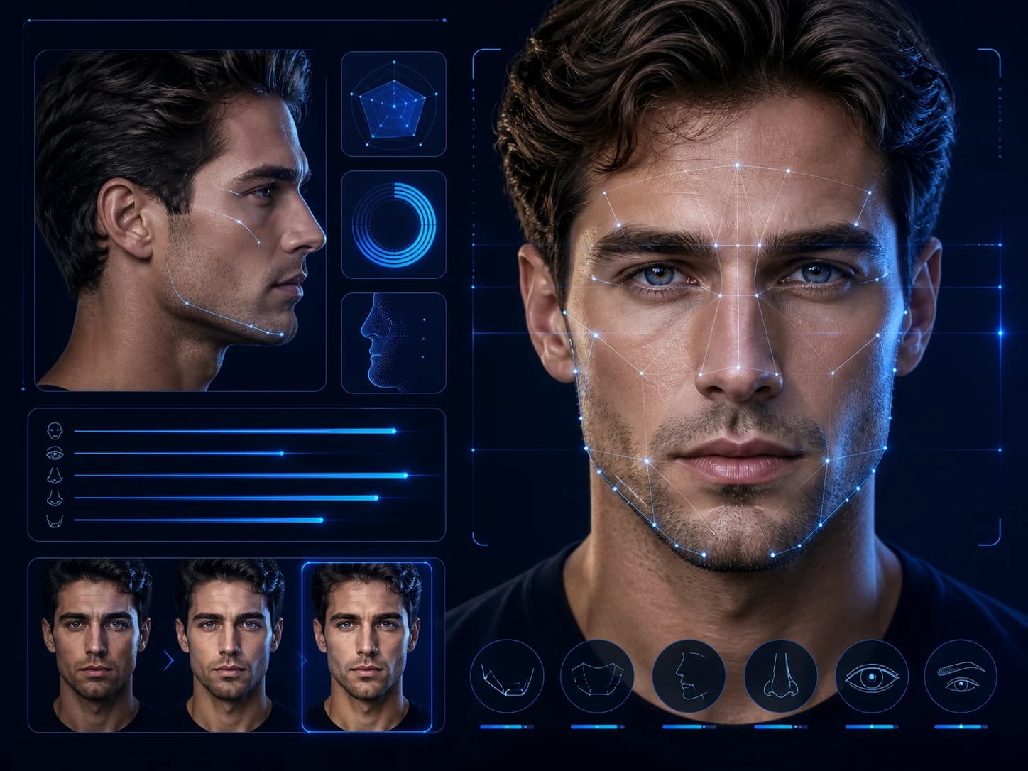 MogRise AI facial analysis with front view, profile scan and facial landmark mapping