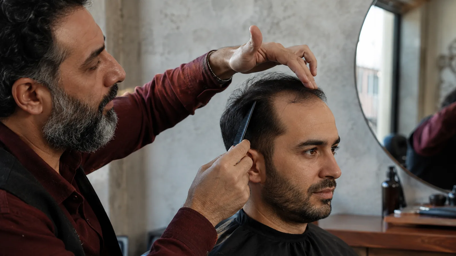 Adult man with receding temples discussing natural hair direction with a barber using a comb before any cutting begins
