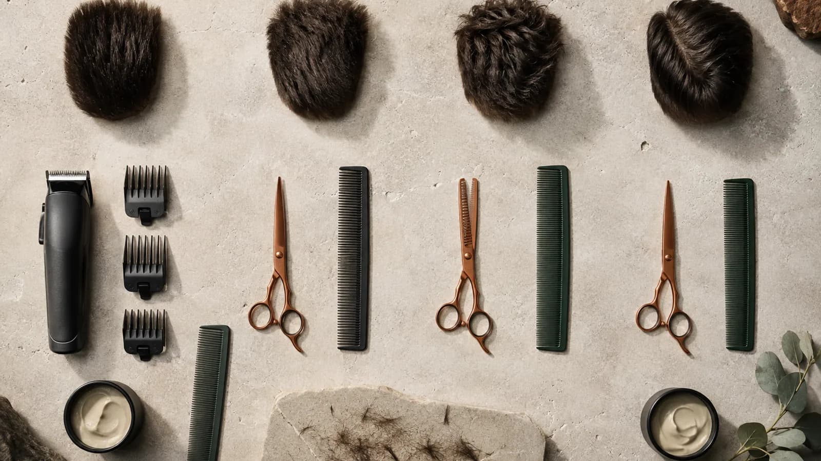 Four text-free haircut study arrangements representing a buzz cut, crew cut, textured crop and short side part