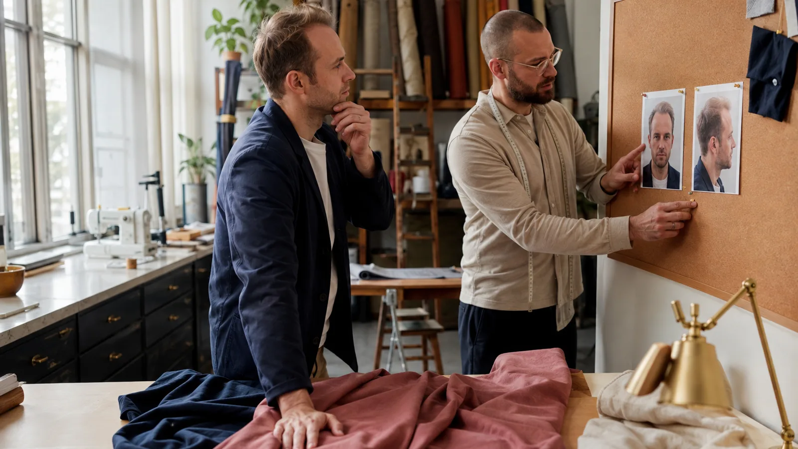 Adult man with a mature receding hairline comparing neutral front and profile photos with a stylist in a bright textile studio