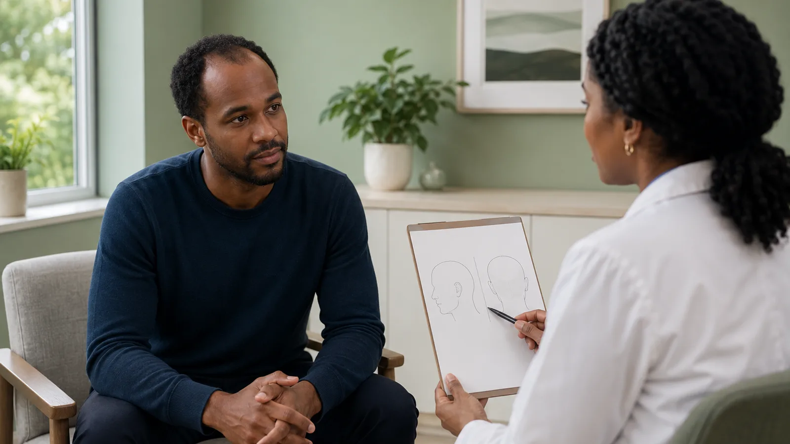 Adult man discussing a changing hairline with a dermatologist in a calm clinic room