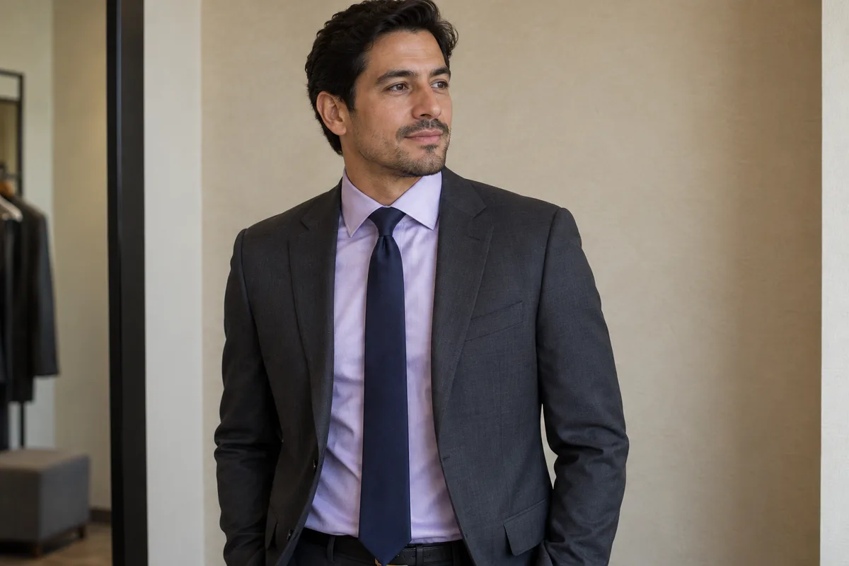Hombre adulto lleva camisa lavanda, corbata azul marino y chaqueta gris oscuro ante una pared color arena