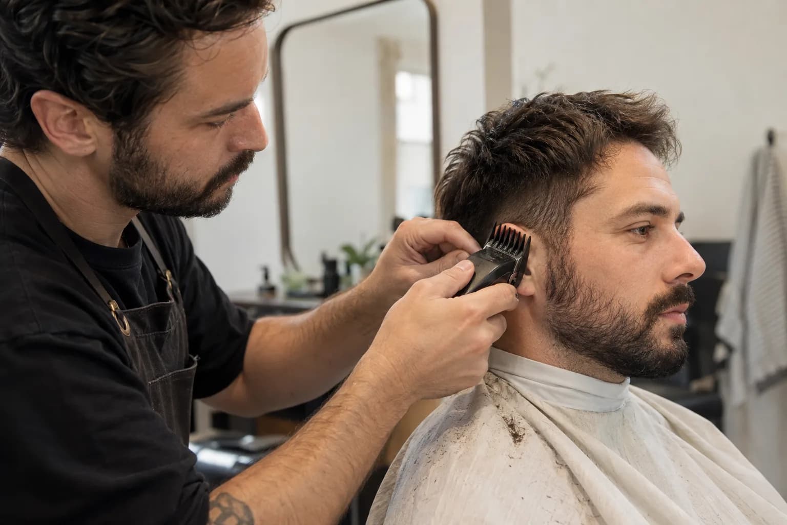 Adult barber carefully tidies sideburn bulk with an electric trimmer fitted with a long comb guard while retaining the lower edge