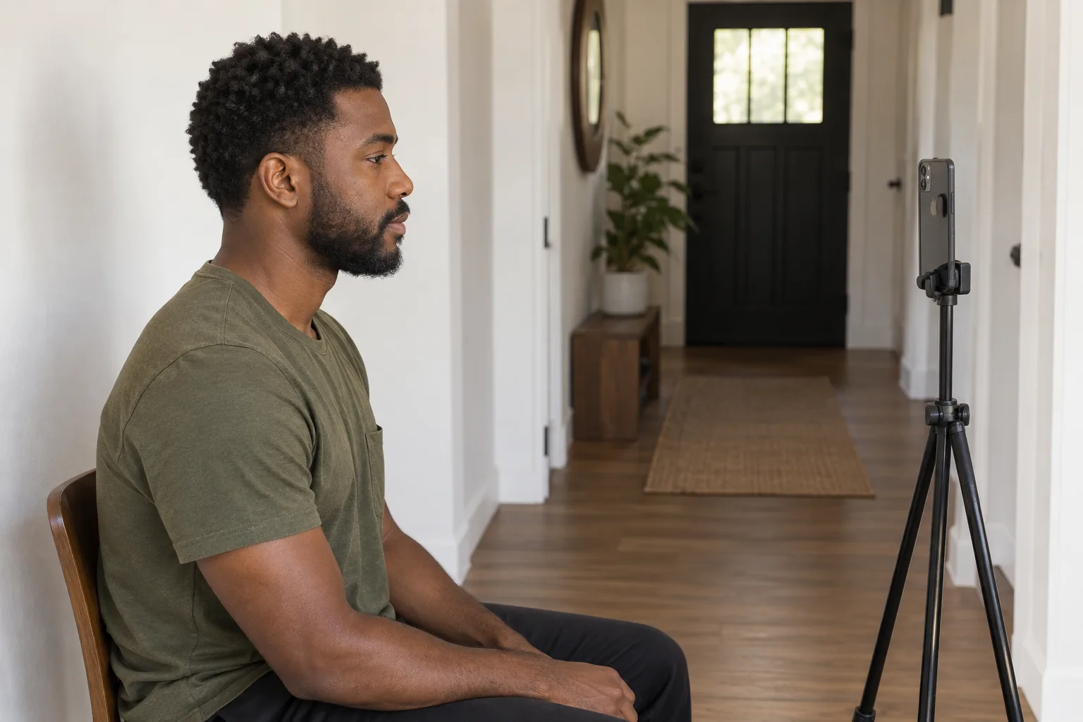 Adult man with short coiled hair sits in profile facing an eye-height phone on a tripod in a softly lit hallway