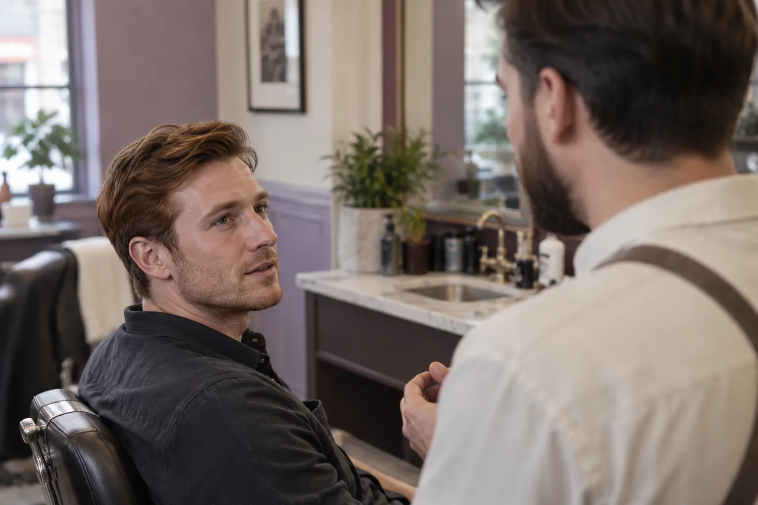 Adult man with red-brown hair discusses maintenance with a barber in a cream and lilac shop after his hair is combed normally