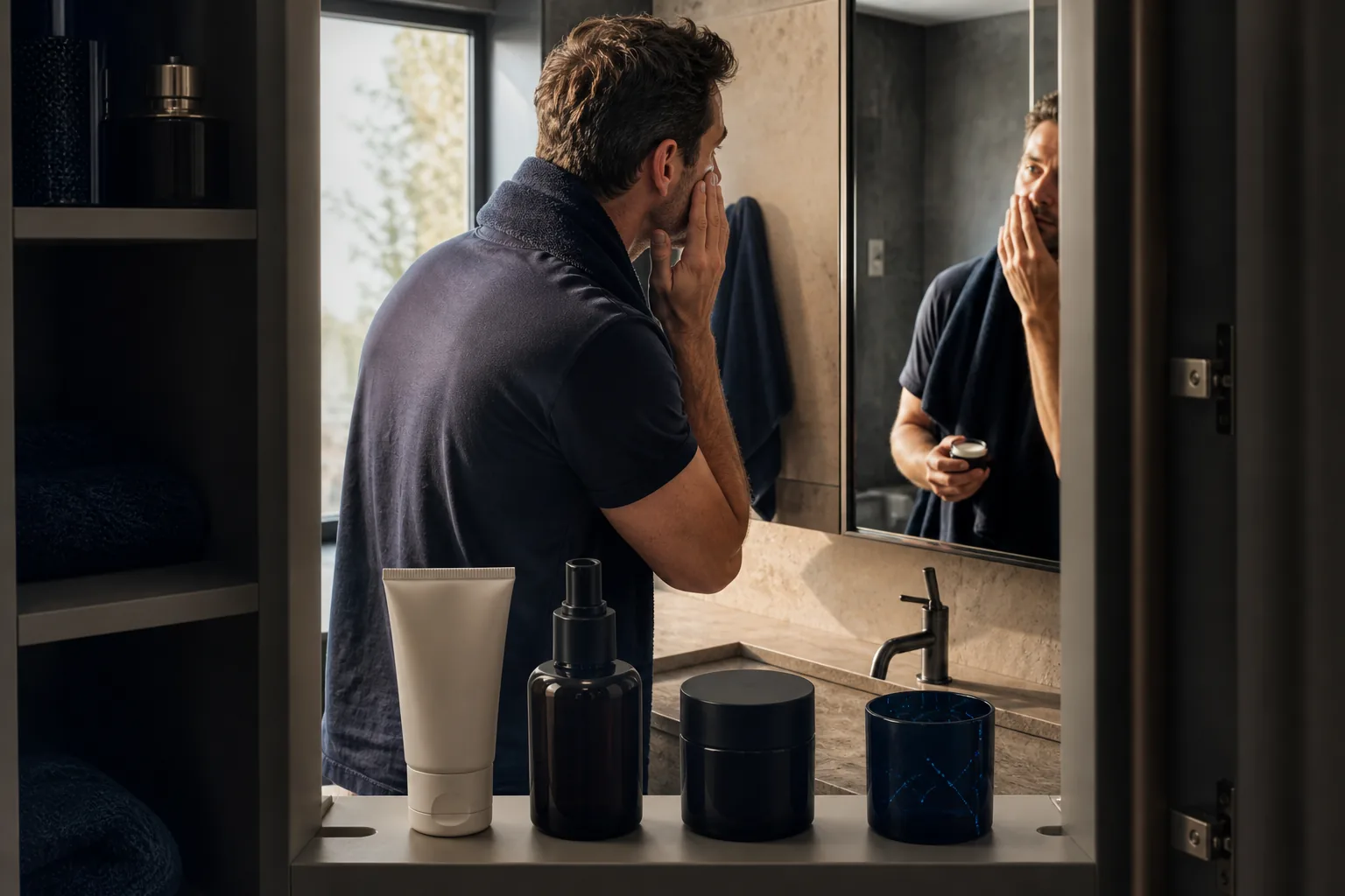 Man following a simple skincare routine at a bathroom mirror with cleanser, moisturizer and sunscreen arranged inside a navy medicine cabinet
