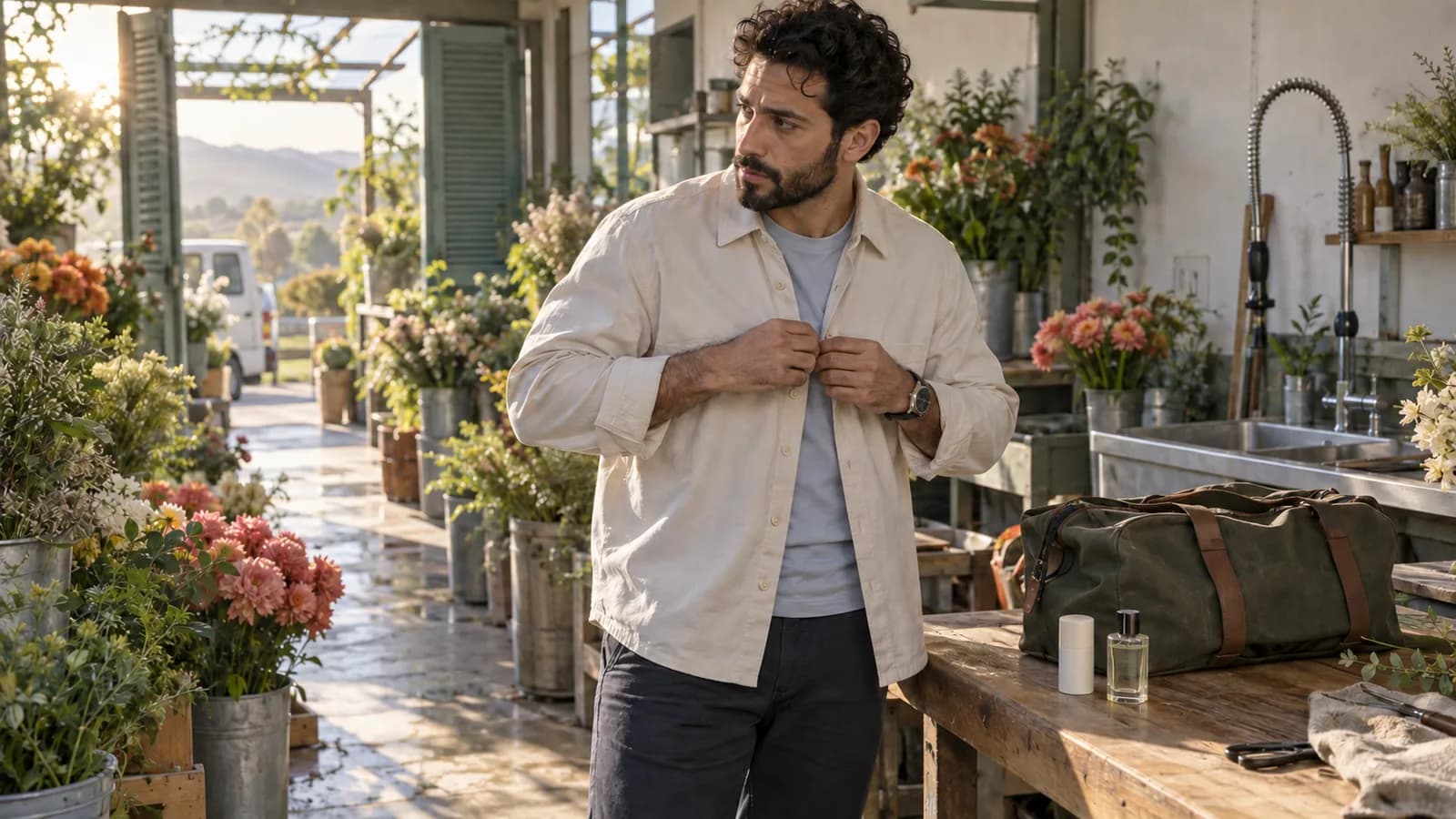 Adult man buttons a clean overshirt beside a simple grooming kit in a flower-market backroom at sunrise