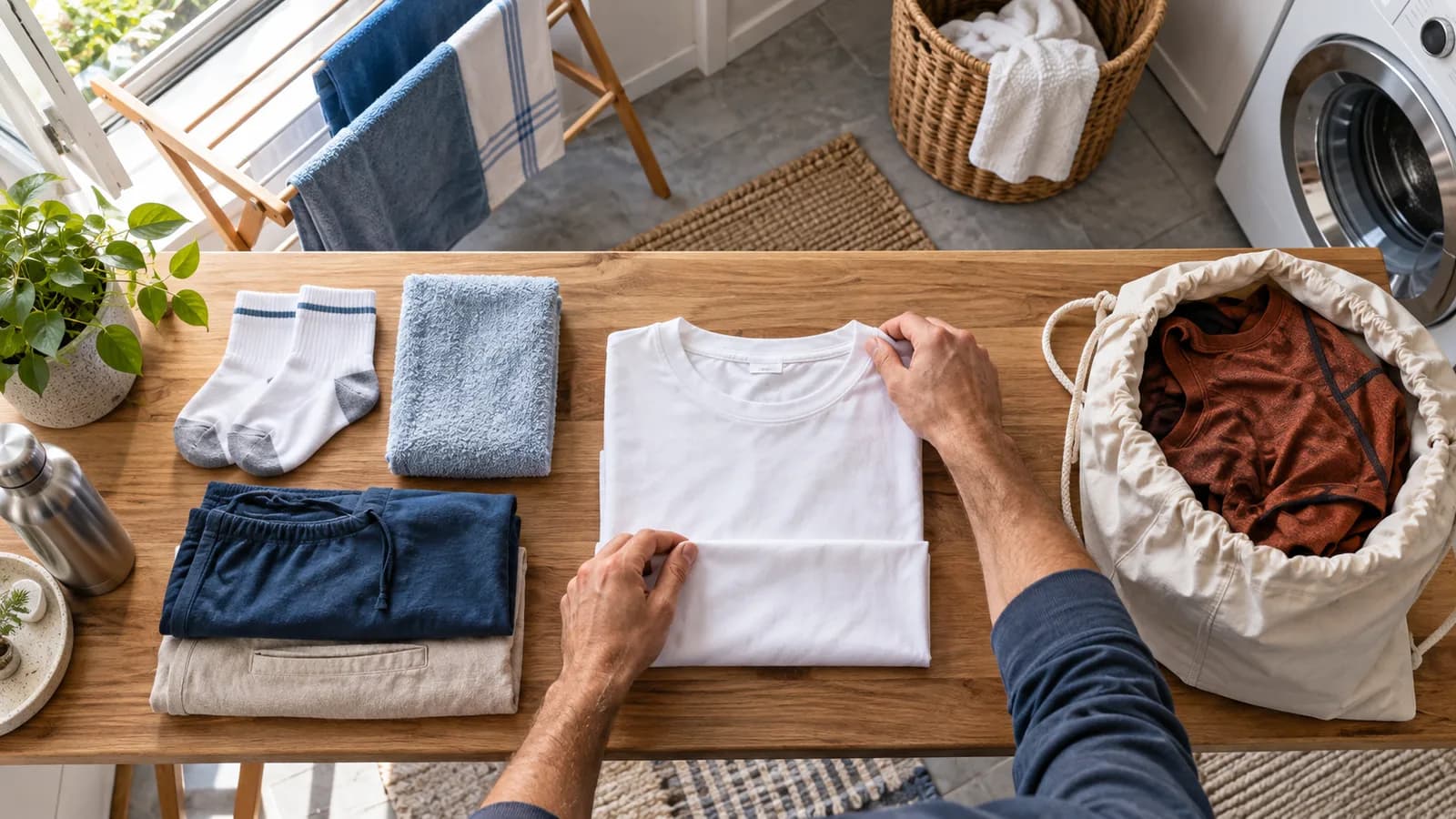 Adult hands pack a clean cotton shirt, fresh socks and a towel while used sportswear stays in a separate laundry bag