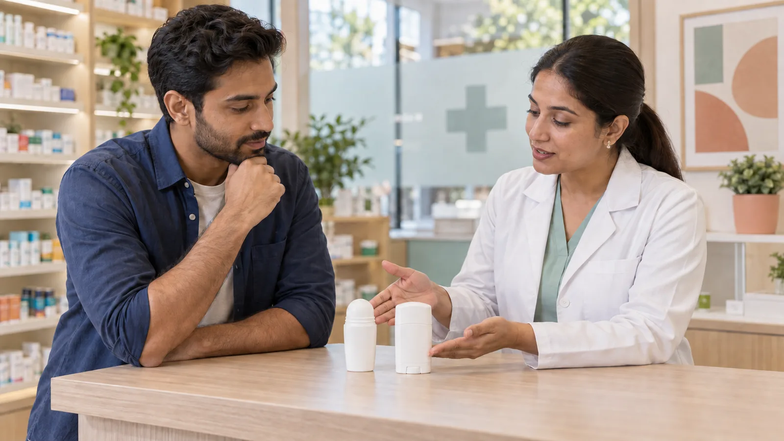 Adult male customer and pharmacist compare exactly two plain underarm-care products at a consultation counter
