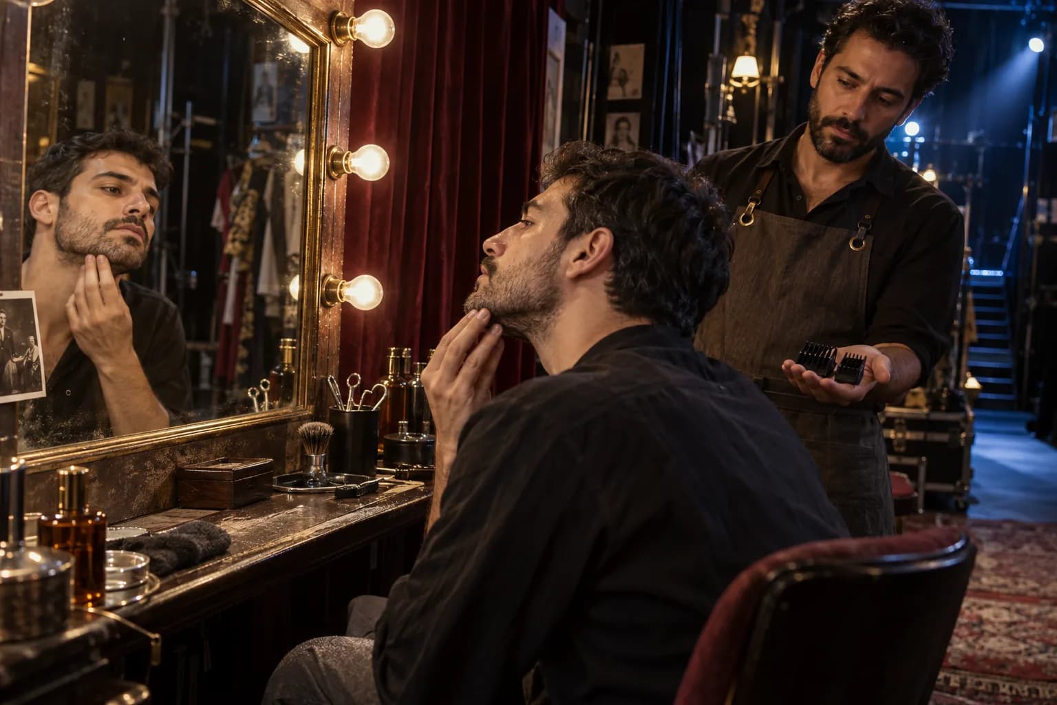 Hombre adulto observa su barba corta en un espejo de camerino mientras un barbero sostiene peines de recortadora