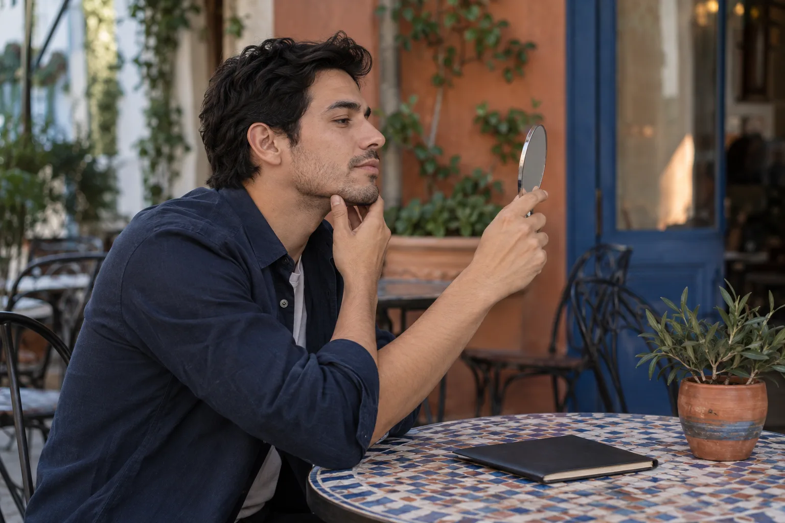 Hombre adulto observa su barba corta en un espejo de mano durante una pausa en una terraza