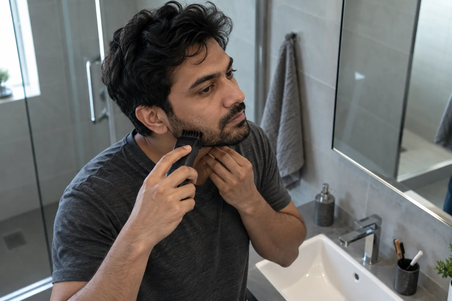 Hombre adulto recorta con cuidado el vello corto con una máquina y un peine protector en el baño