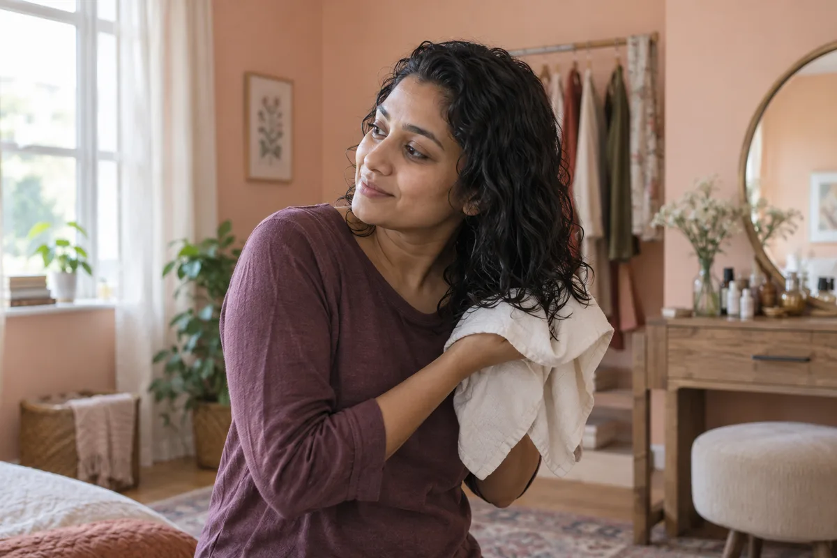 Adult woman in a plum shirt supports damp curly ends with a light cloth in a peach dressing room