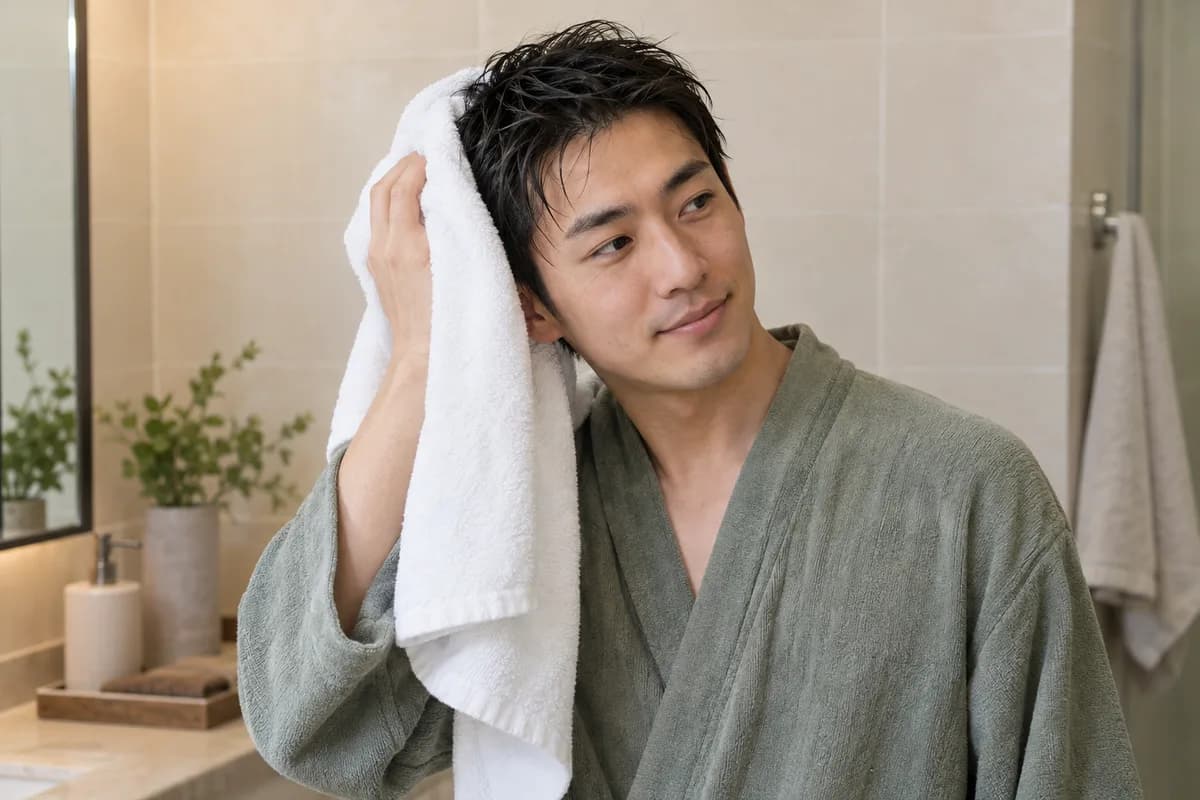 Adult man in a sage robe holds a white towel gently against damp short hair in a cream tiled room