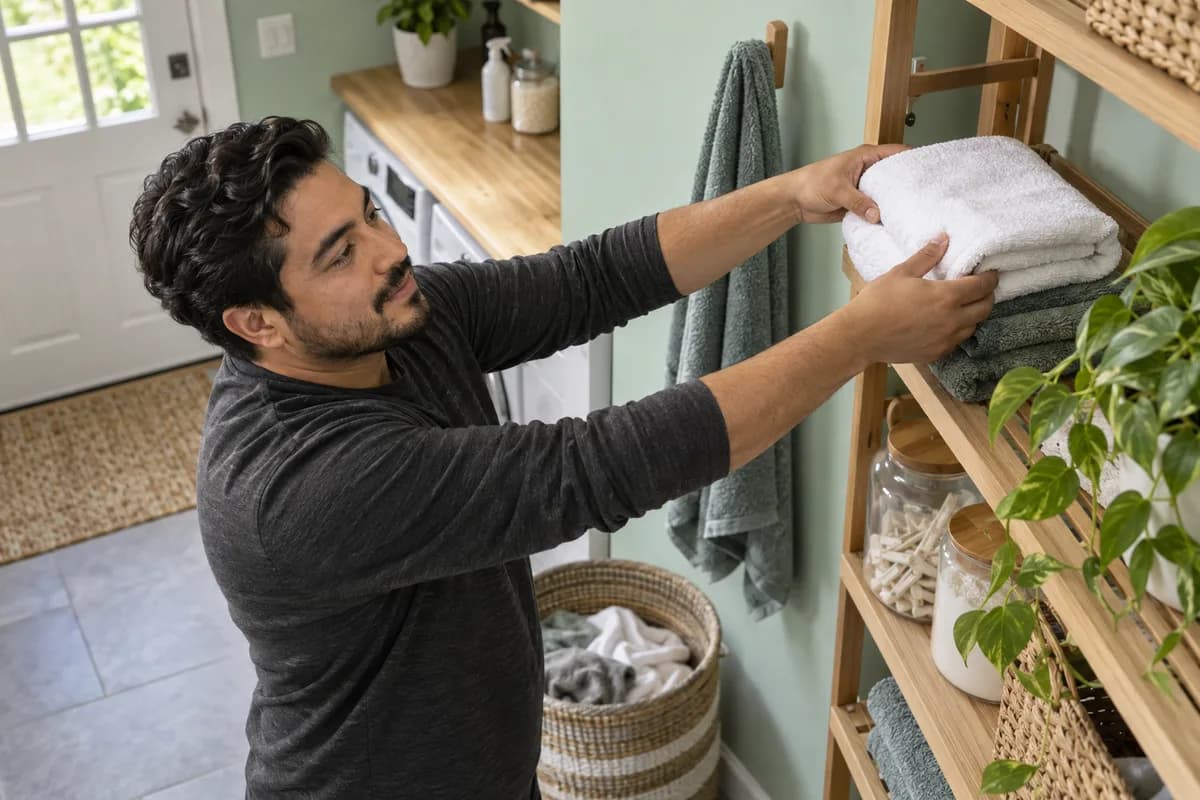 Adult man in a charcoal shirt stores folded towels on an oak rack beside a hanging towel in a mint utility nook