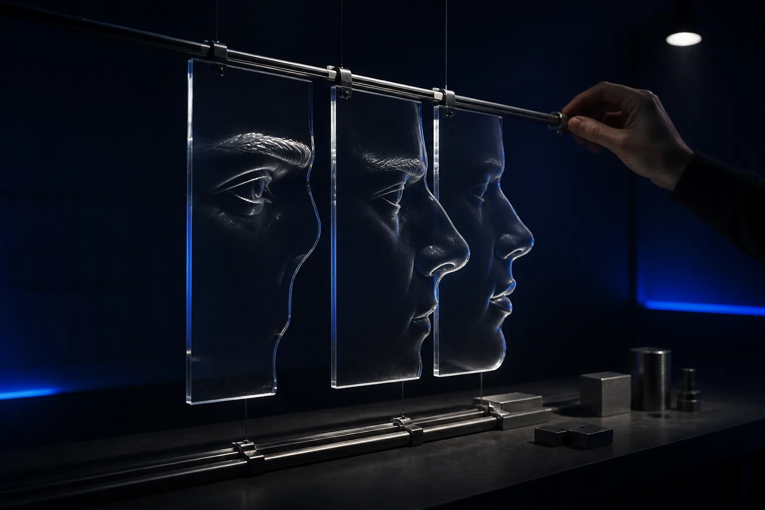 Three suspended acrylic facial profile reliefs aligning into one balanced masculine profile in a navy design studio