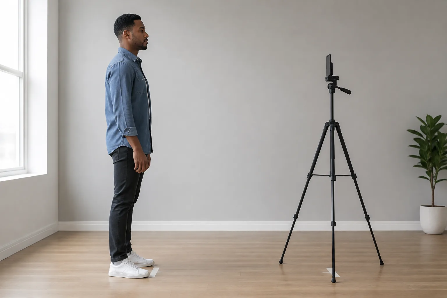 Adult man standing at a marked repeatable distance from an eye-level smartphone tripod