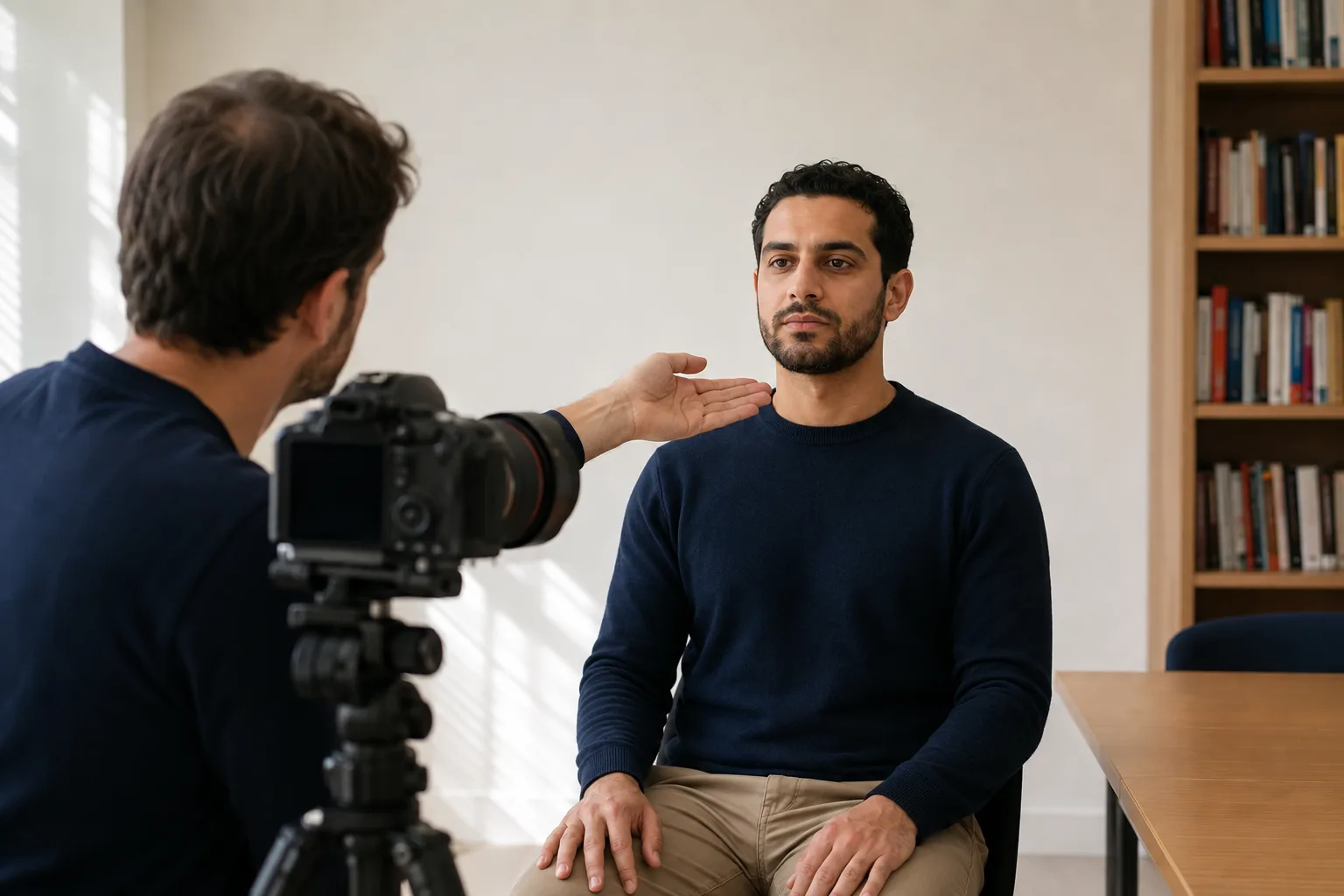 Adult photographer guiding a seated man toward a relaxed expression and level chin