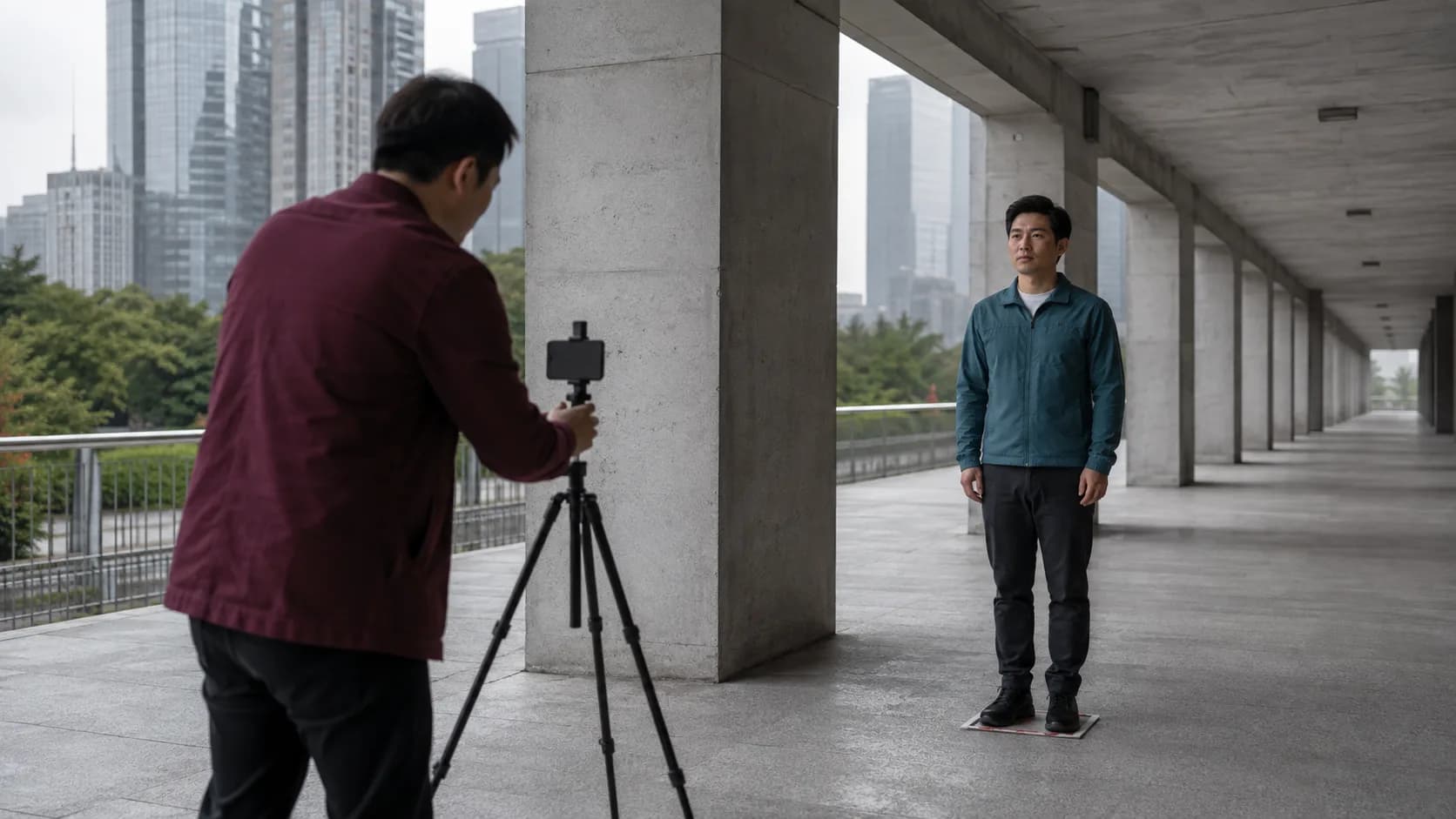 Two adult men setting up a repeatable smartphone portrait beneath a cool concrete city colonnade