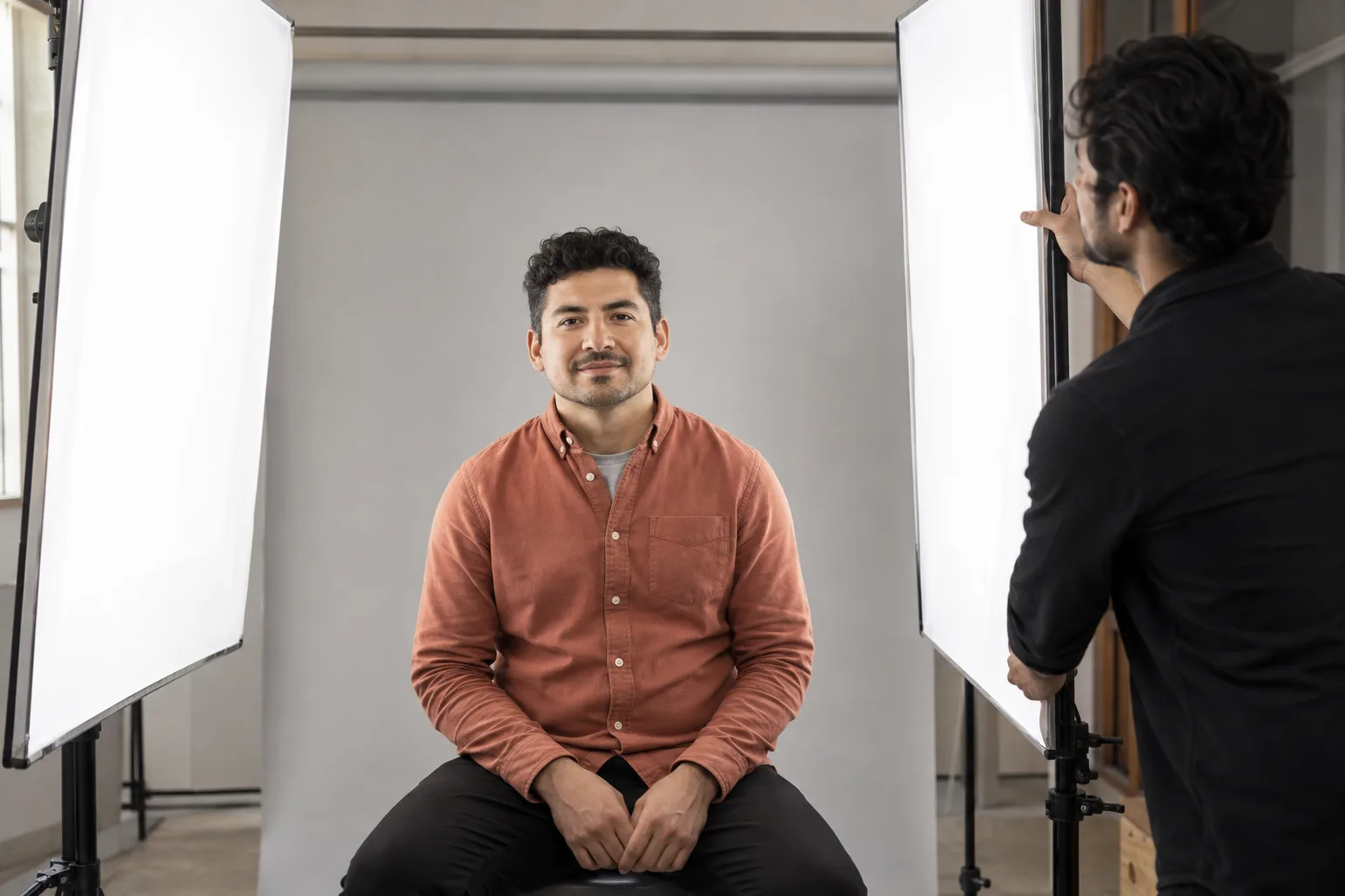 Adult man seated between two broad diffusion panels for even frontal portrait lighting