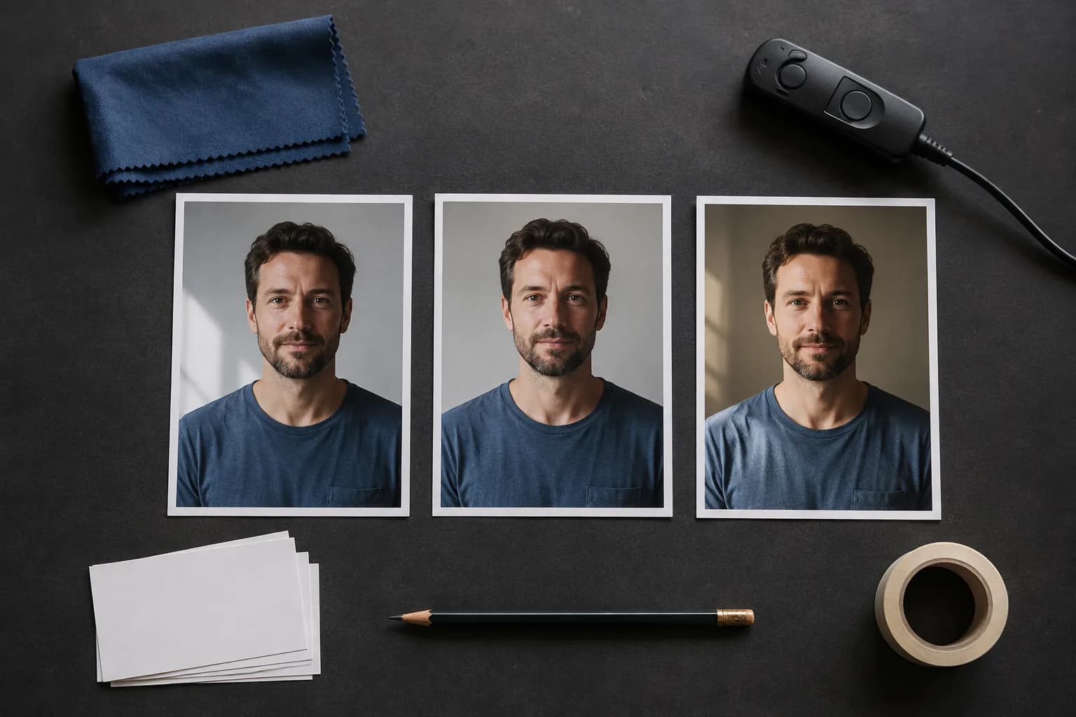 Three unmarked portrait prints and simple camera tools arranged on a charcoal review table