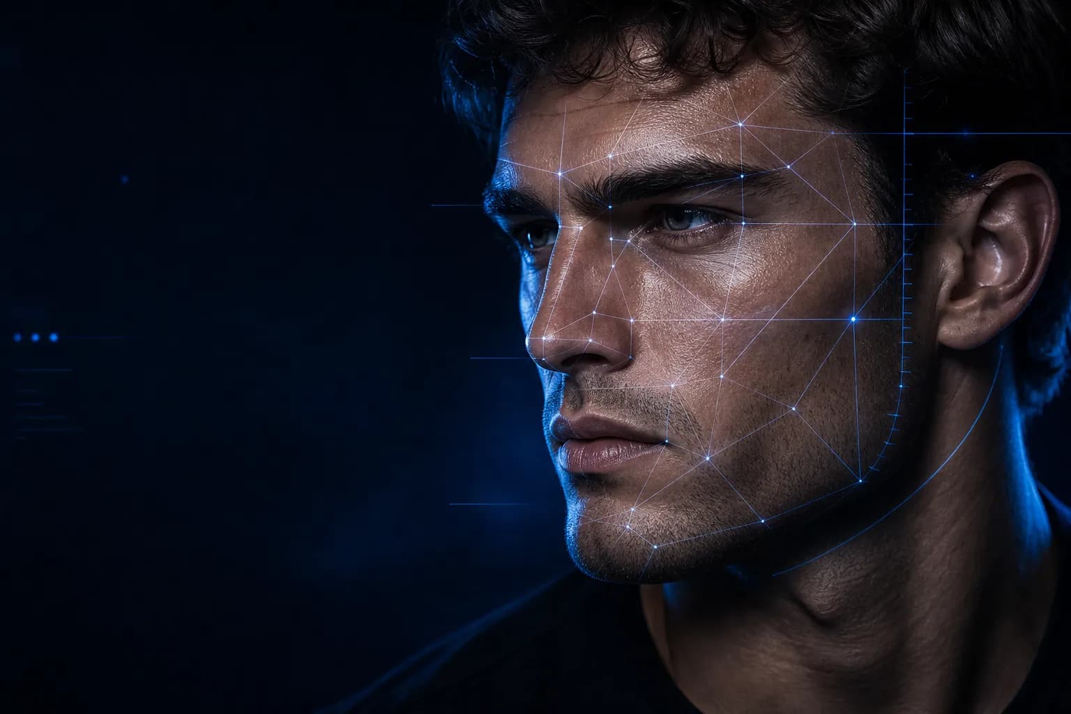 AI facial analysis with aligned landmarks across the jawline, eye area and profile