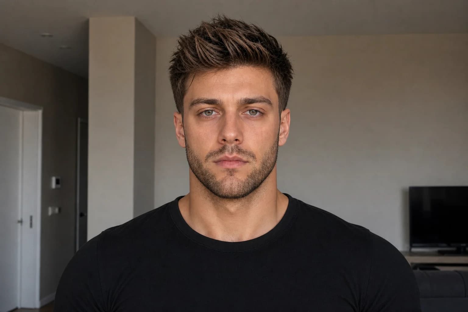 The same Caucasian man after a dramatic alpha Chad LooksMax transformation
