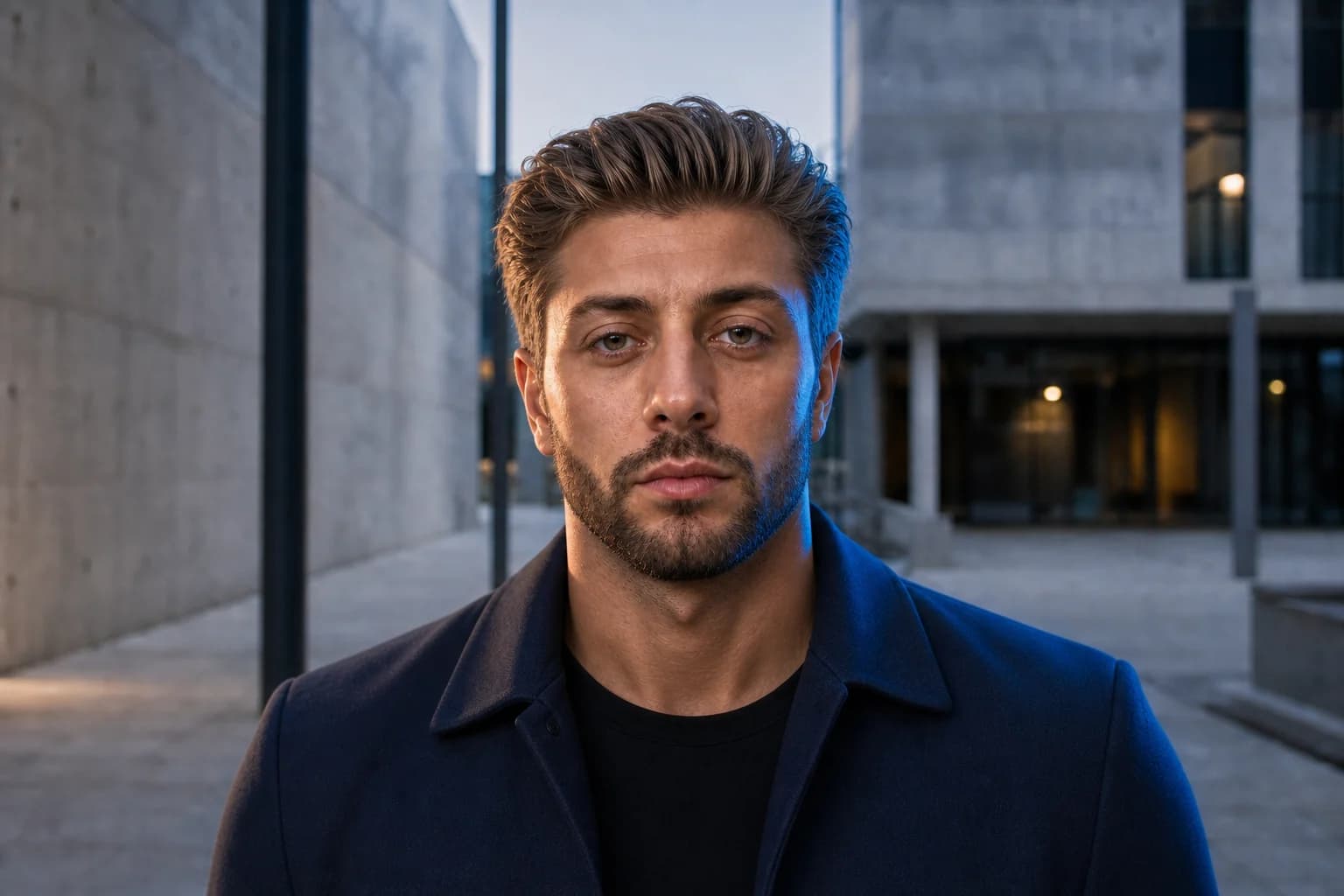 The same Caucasian man fully looksmaxxed with alpha Chad hair, beard and presence