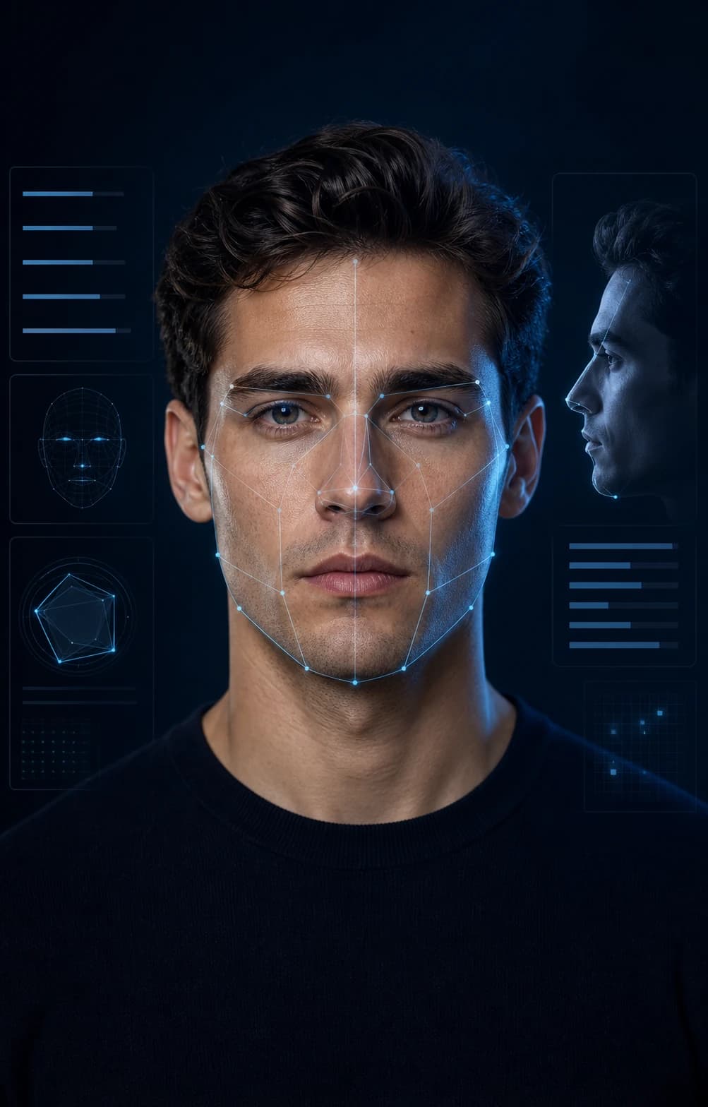 MogRise LooksMax AI report mapping facial harmony, jawline, eye area and side profile