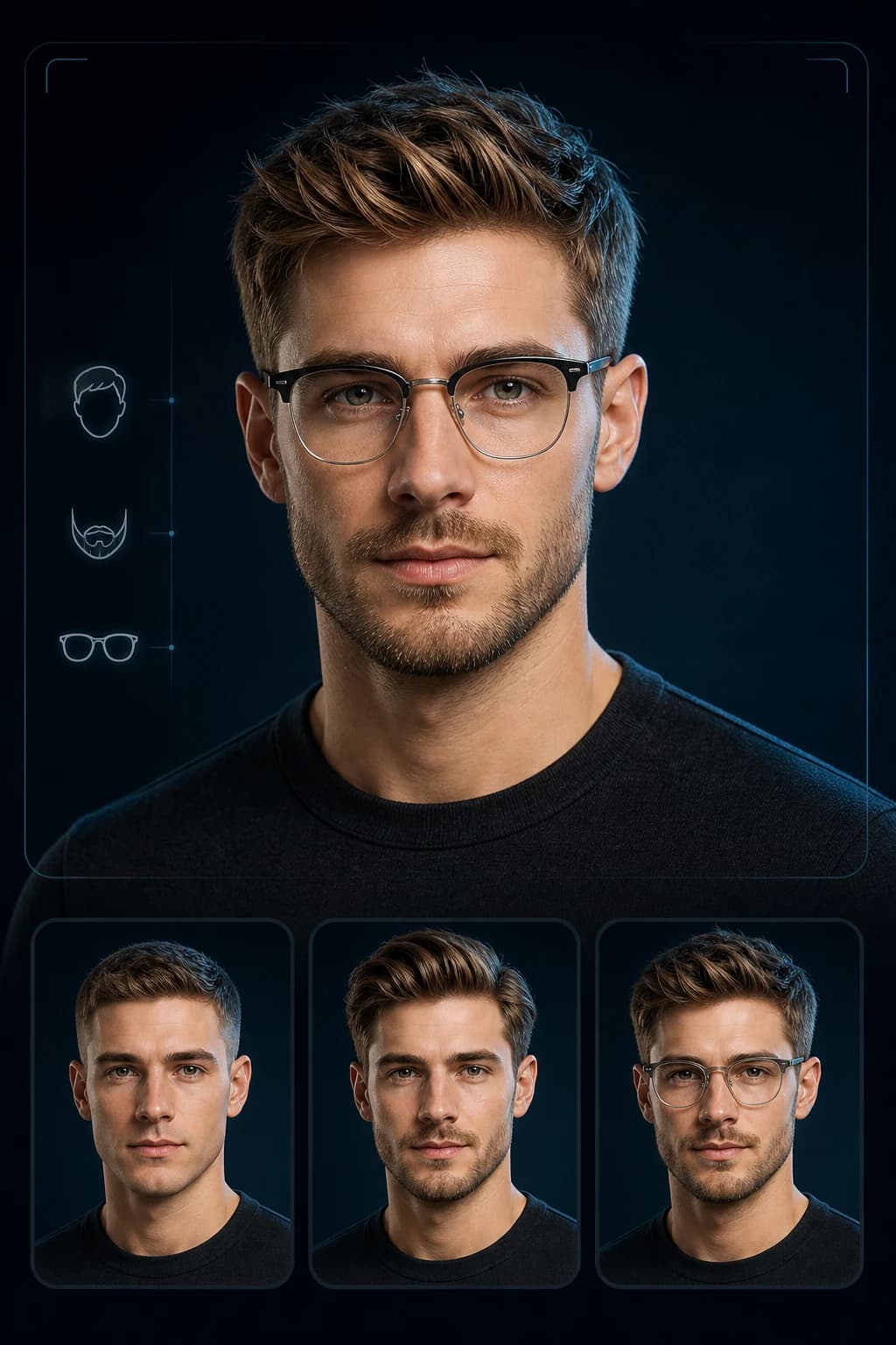 MogRise Virtual Grooming previewing facial hair and clear-lens glasses on the same man