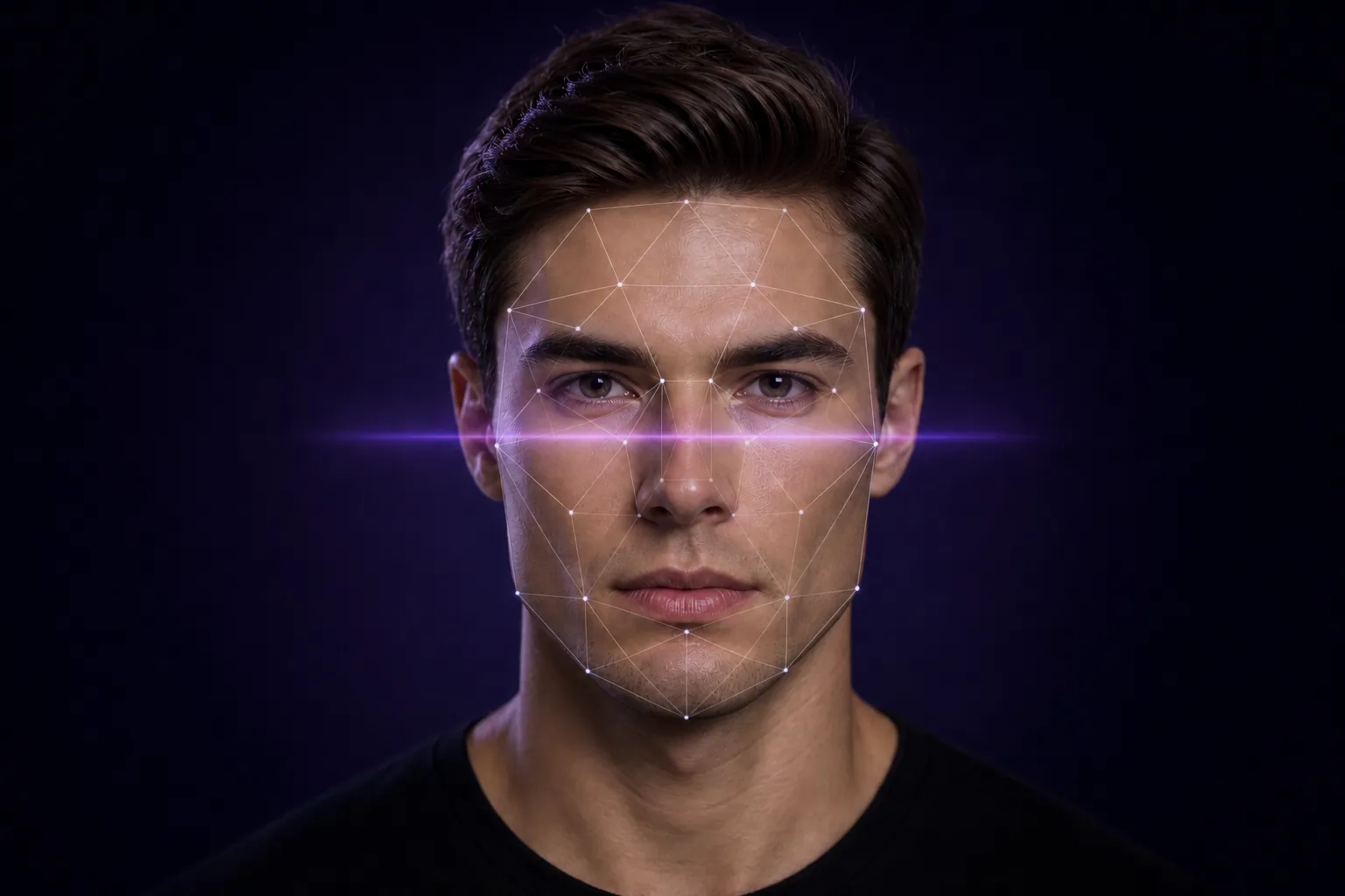 Front-facing male portrait with an AI facial analysis mesh