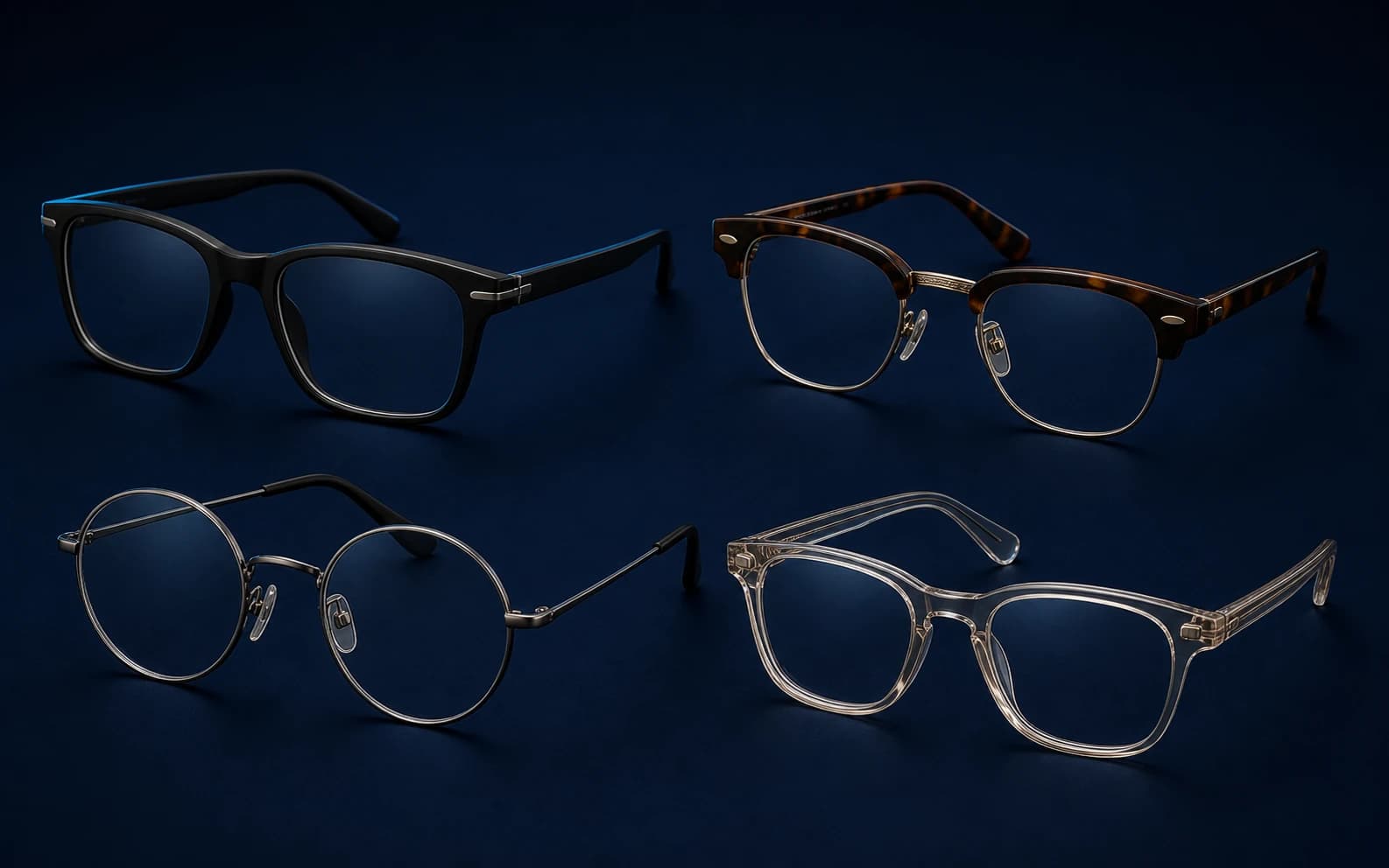 Four clear-lens optical frame styles available in the MogRise glasses try-on catalog