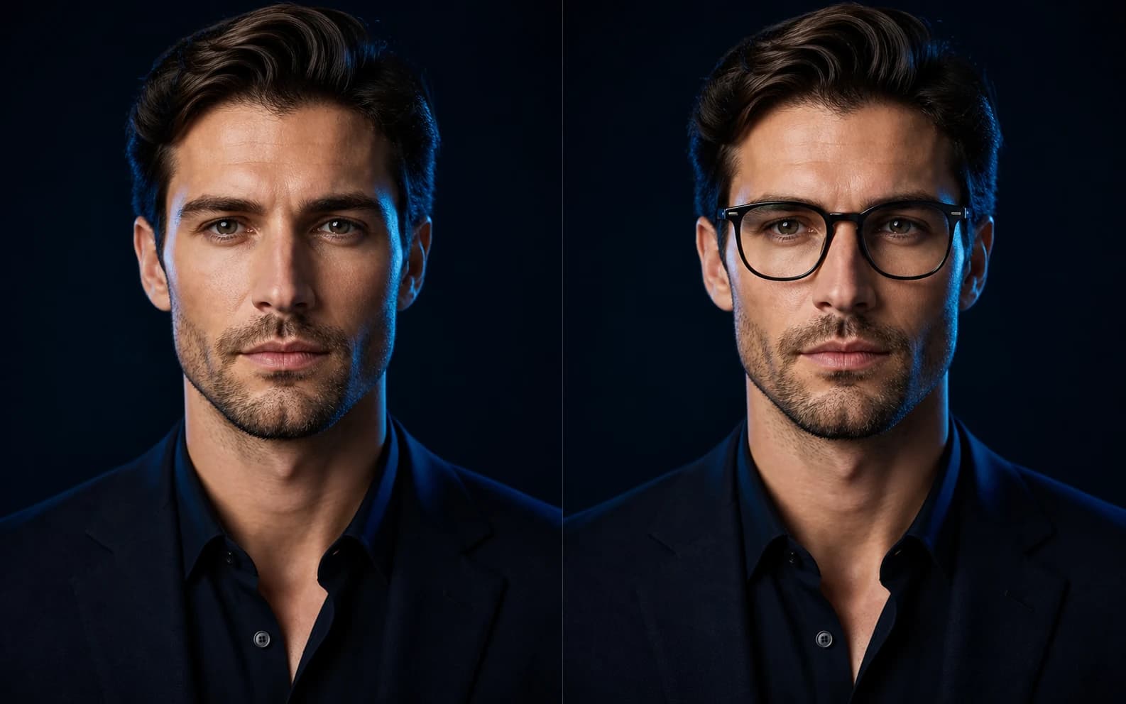 Same man comparing his appearance without glasses and with a fitted optical frame