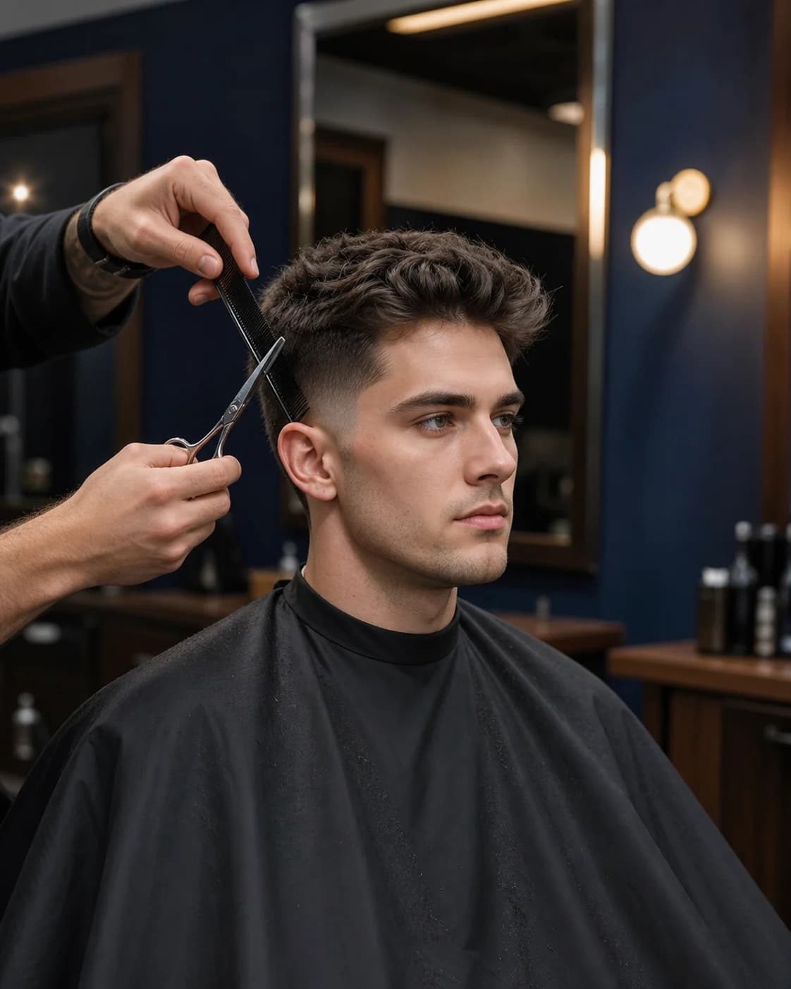 Barber shaping a haircut around a man's proportions and natural hair growth
