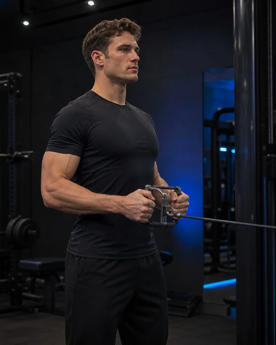 Man building upper-body posture and physique with a controlled gym exercise