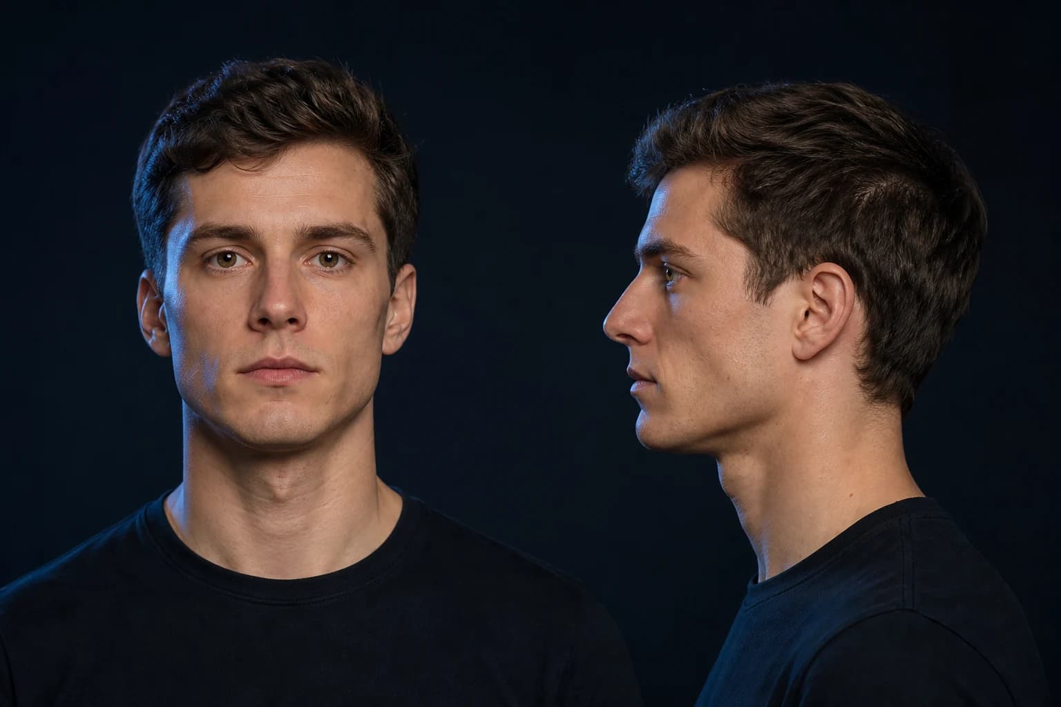 The same man photographed from the front and side for a clean LooksMax AI baseline