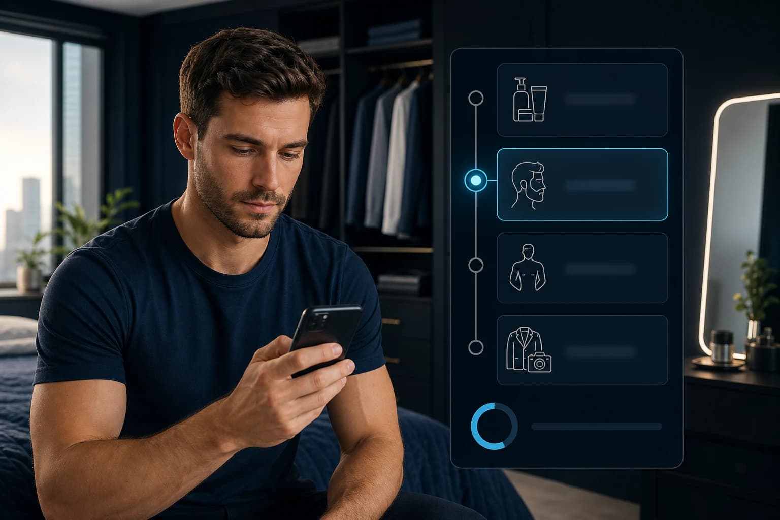 A man reviewing a prioritized personal LooksMax plan for grooming, hair, physique, style and photos