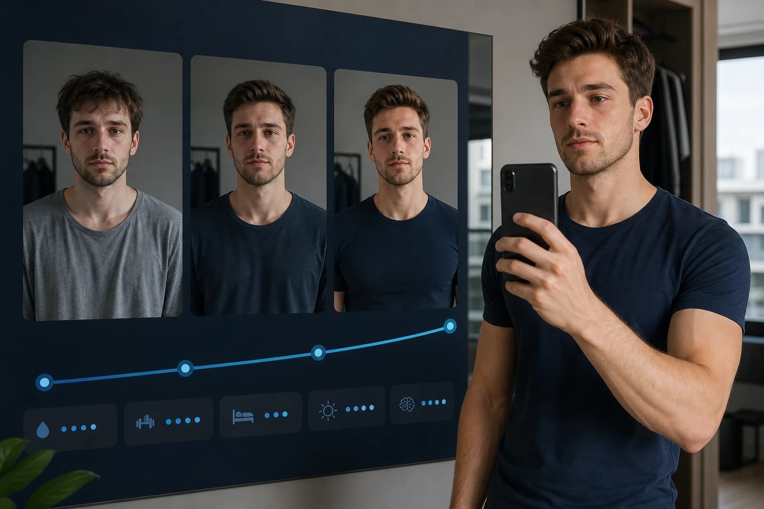 The same man across three aligned progress check-ins with clearer grooming, posture and presentation