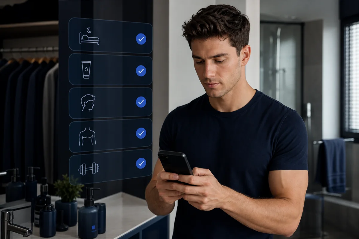 Man following a simple recovery, skincare and grooming routine on his phone