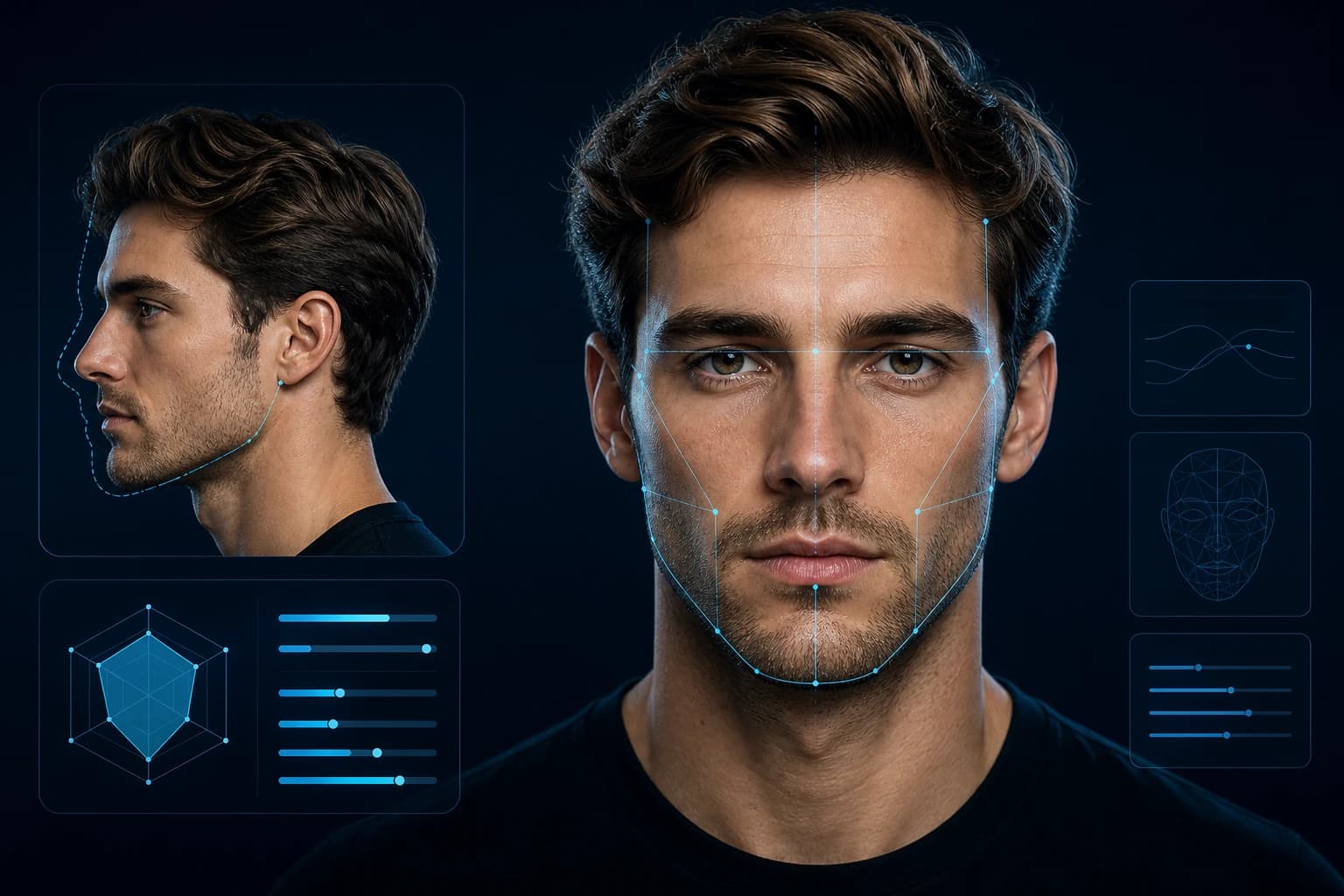 MogRise LooksMax AI analysis mapping the same man's front view, side profile, jawline, eye area and facial harmony