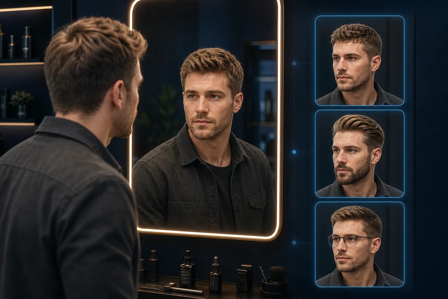 The same man comparing personalized haircut, beard and clear-lens glasses previews in a barber mirror